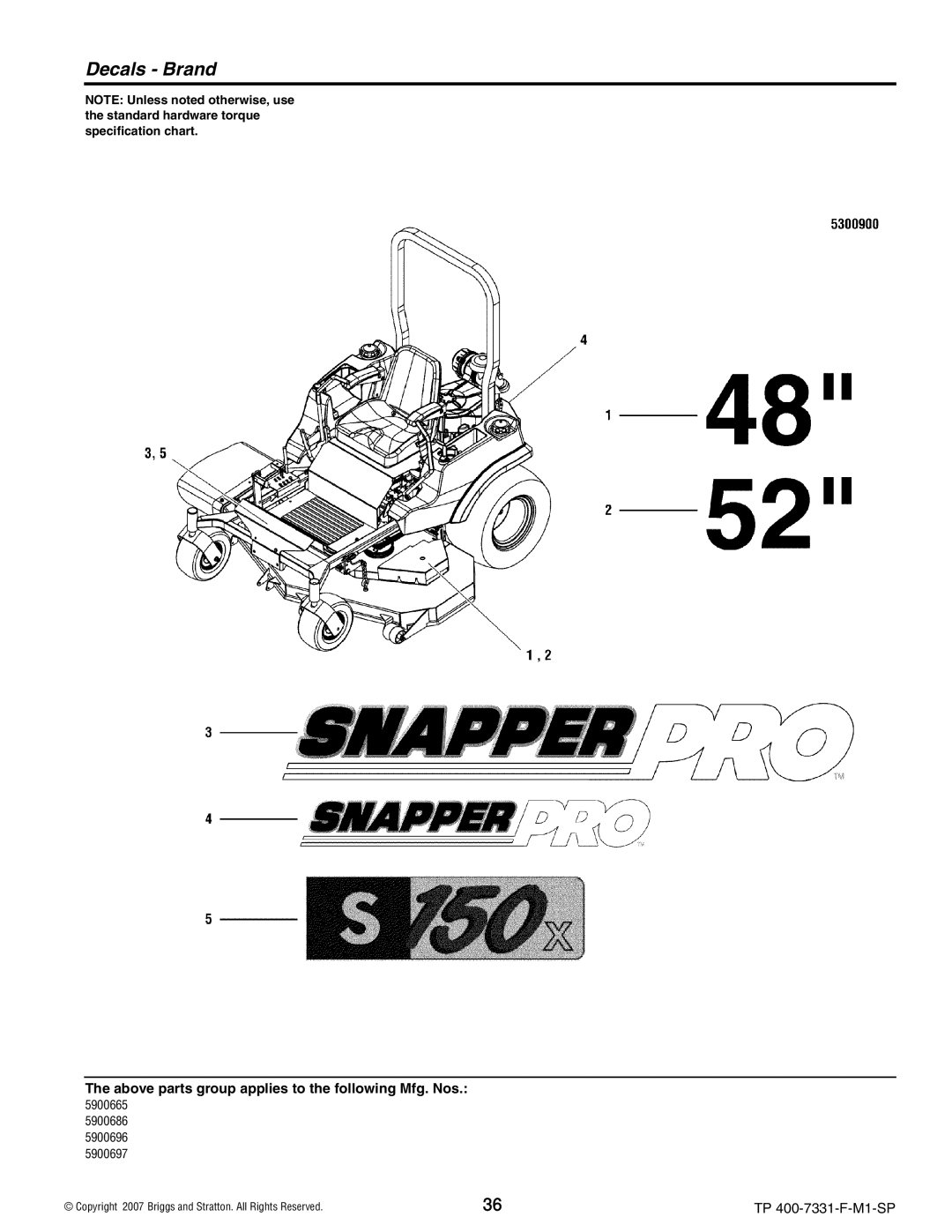 Snapper S150XKOH2752, S150XKAV2148, S150XKAV2552, S150XK0H2348 manual Decals Brand 