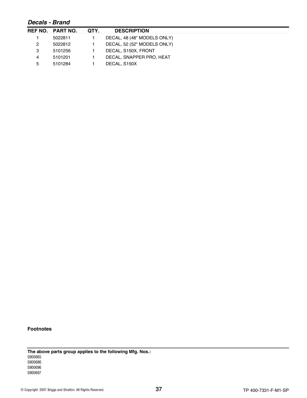 Snapper S150XKAV2148, S150XKOH2752, S150XKAV2552, S150XK0H2348 manual DECAL, 48 48 Models only 