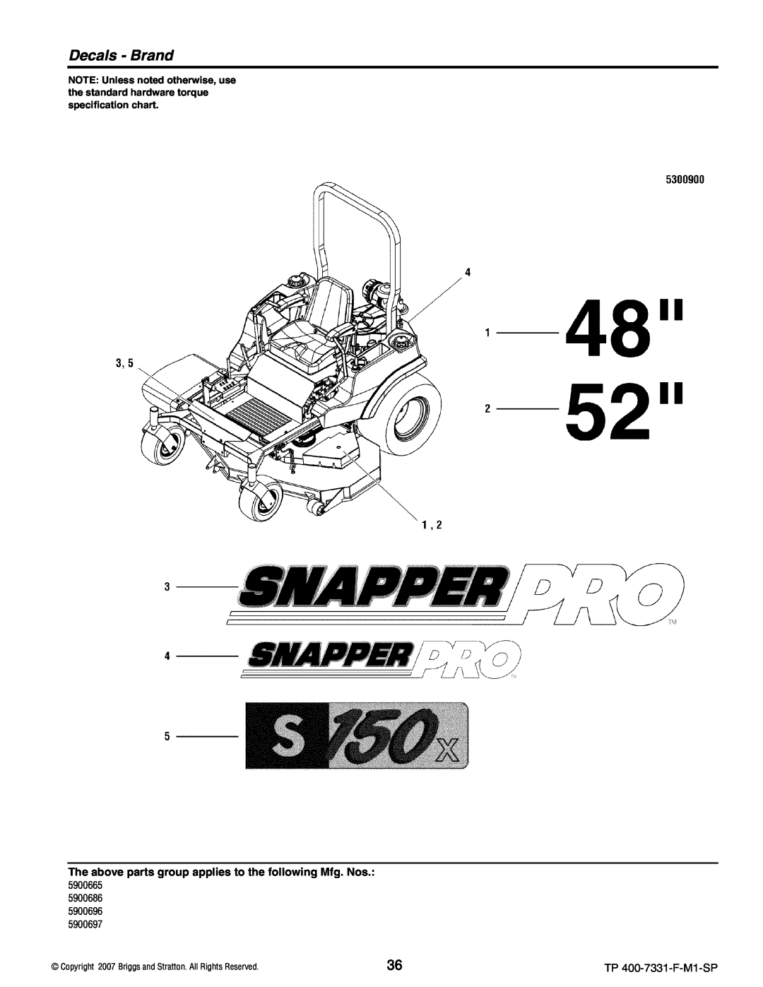 Snapper S150XKOH2752, S150XKAV2148, S150XKAV2552, S150XK0H2348 manual Decals - Brand, TP 400-7331-F-M1-SP 