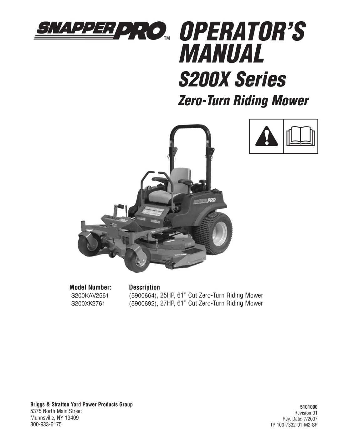 Snapper S200KAV2561, S200XK2761 manual Model Number Description, Briggs & Stratton Yard Power Products Group 