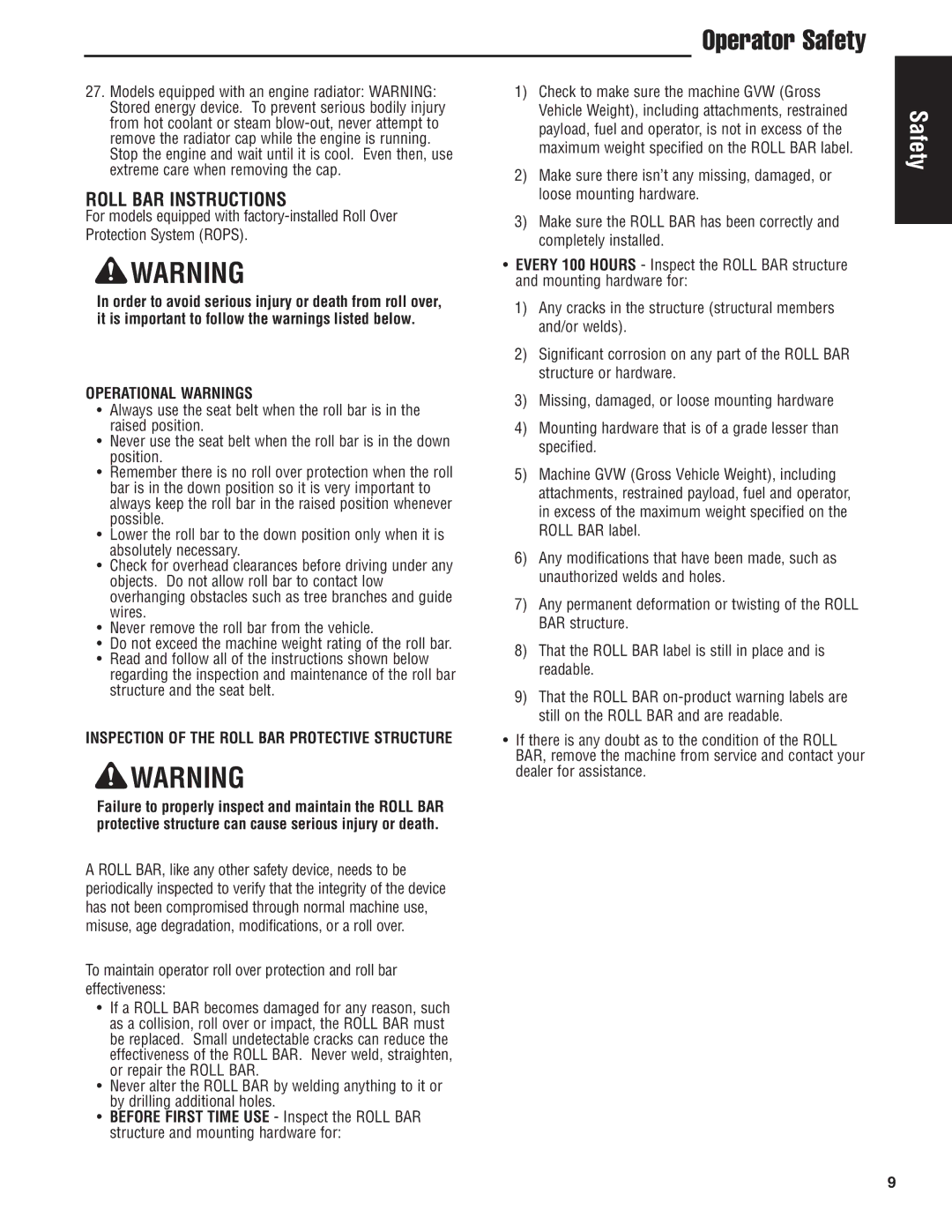 Snapper S200KAV2561, S200XK2761 manual Roll BAR Instructions, Operational Warnings 