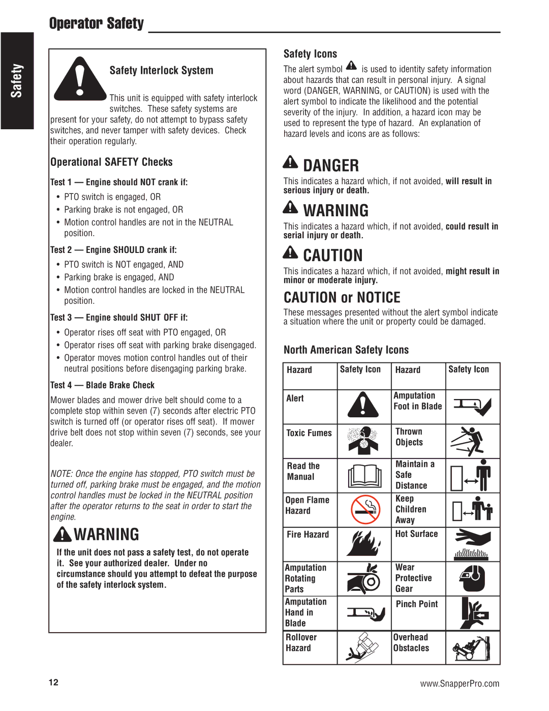 Snapper S200KAV2561, S200XK2761 manual Safety Interlock System, Operational Safety Checks, Safety Icons 