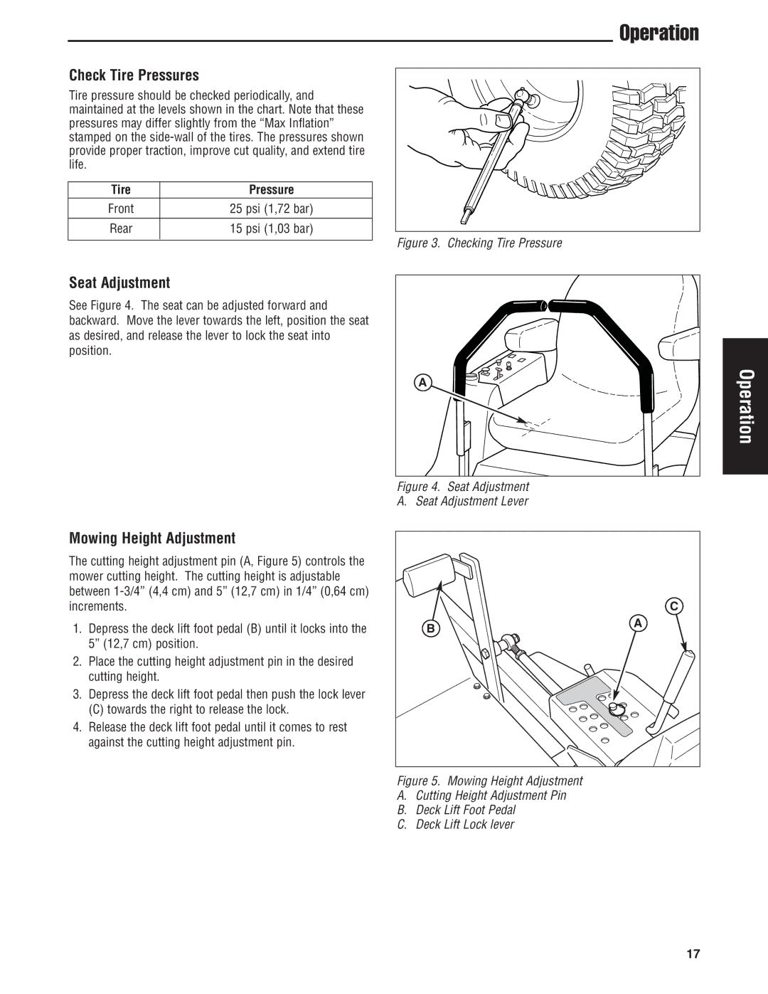 Snapper S200KAV2561, S200XK2761 manual Check Tire Pressures, Seat Adjustment, Mowing Height Adjustment 