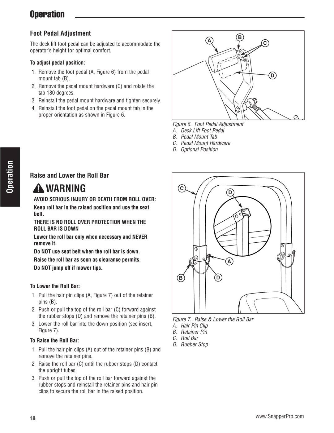 Snapper S200KAV2561, S200XK2761 manual Foot Pedal Adjustment, Raise and Lower the Roll Bar 