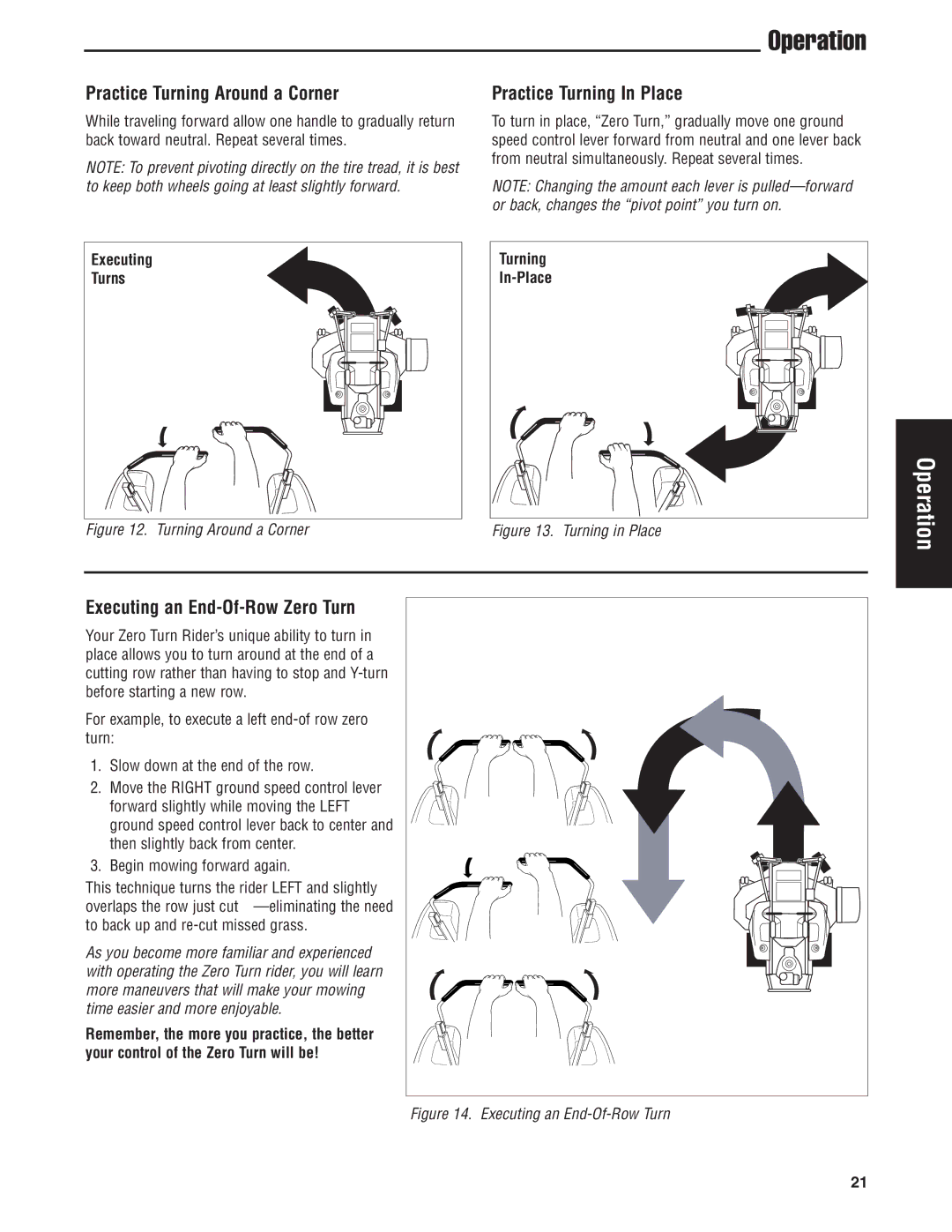 Snapper S200KAV2561, S200XK2761 manual Practice Turning Around a Corner, Executing an End-Of-Row Zero Turn, Executing Turns 