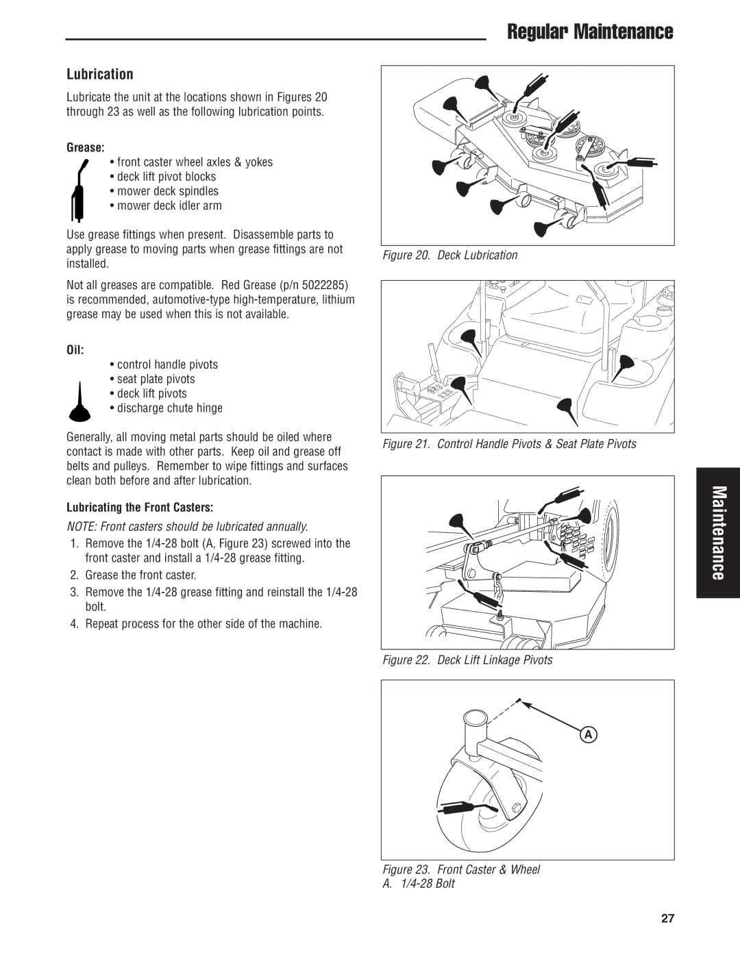 Snapper S200KAV2561, S200XK2761 manual Lubrication, Grease, Oil, Lubricating the Front Casters 