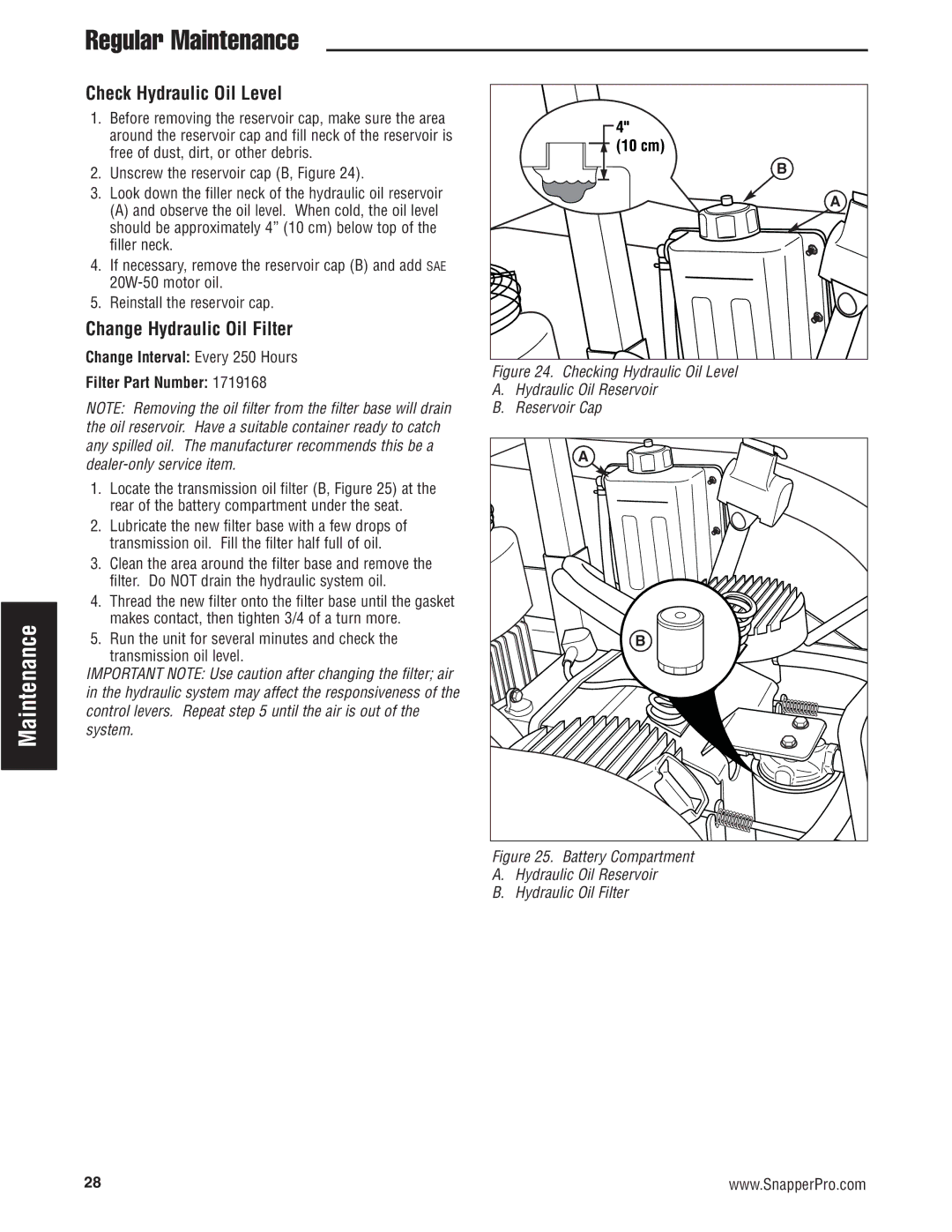 Snapper S200KAV2561, S200XK2761 manual Check Hydraulic Oil Level, Change Hydraulic Oil Filter 