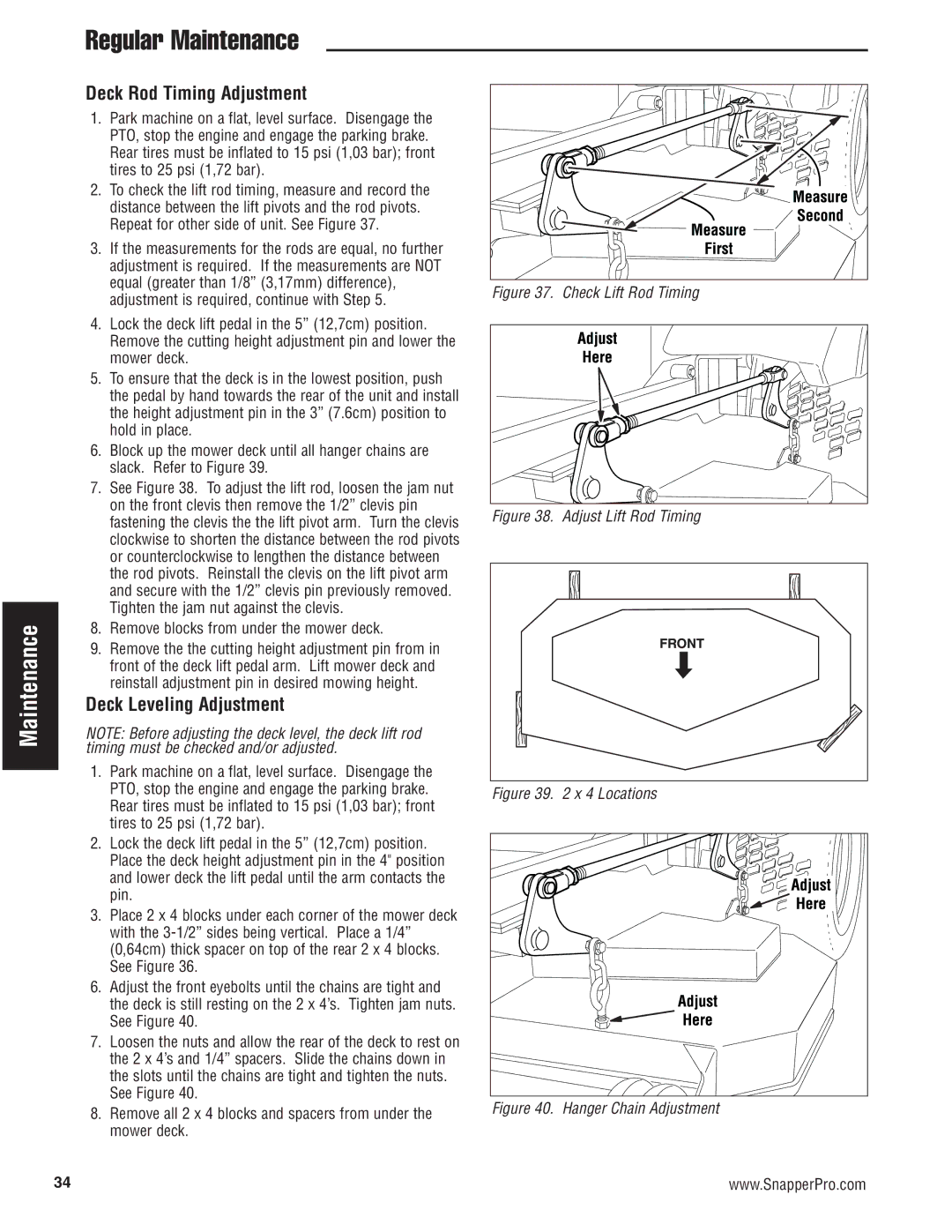 Snapper S200KAV2561, S200XK2761 manual Deck Rod Timing Adjustment, Deck Leveling Adjustment 