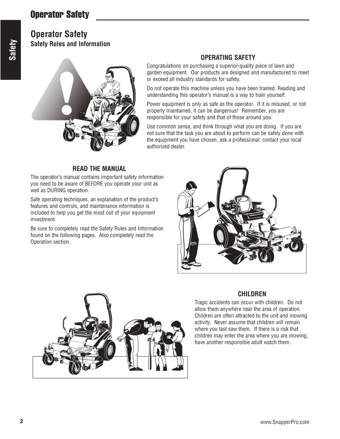 Snapper S200KAV2561, S200XK2761 manual Operator Safety, Operating Safety, Read the Manual, Children 