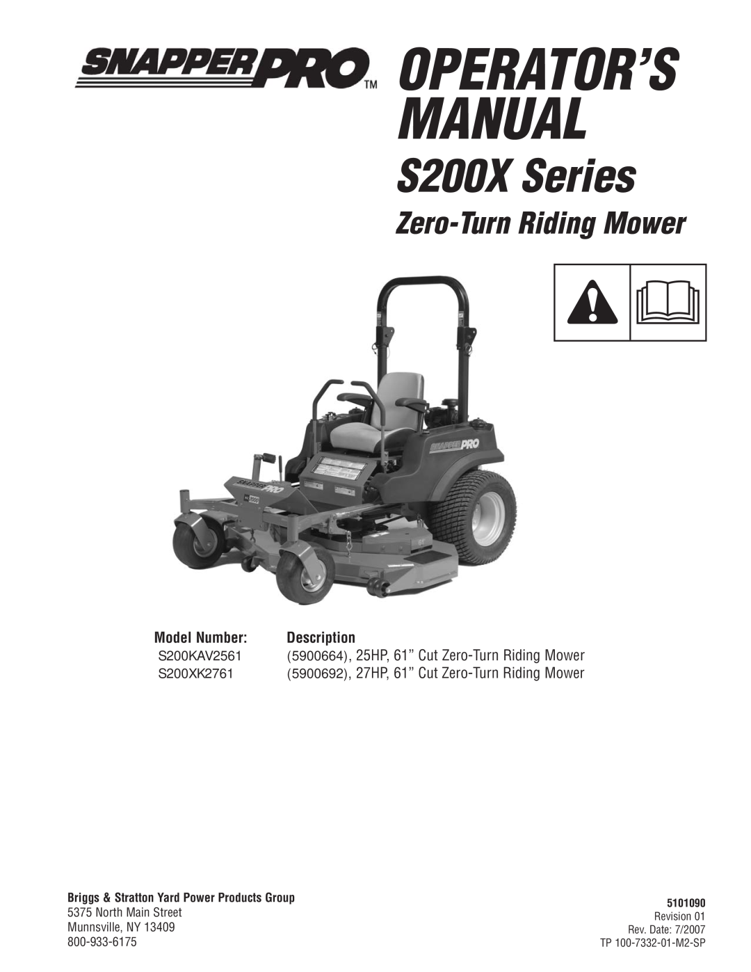 Snapper S200KAV2561, S200XK2761 manual Operator’S Manual, S200X Series, Zero-Turn Riding Mower, Model Number, Description 