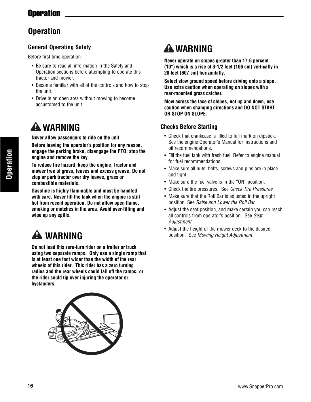 Snapper S200XKOH2761, S200XKAV2761, S200XBV32, S200X/72, S200XKAV2561 manual General Operating Safety, Checks Before Starting 