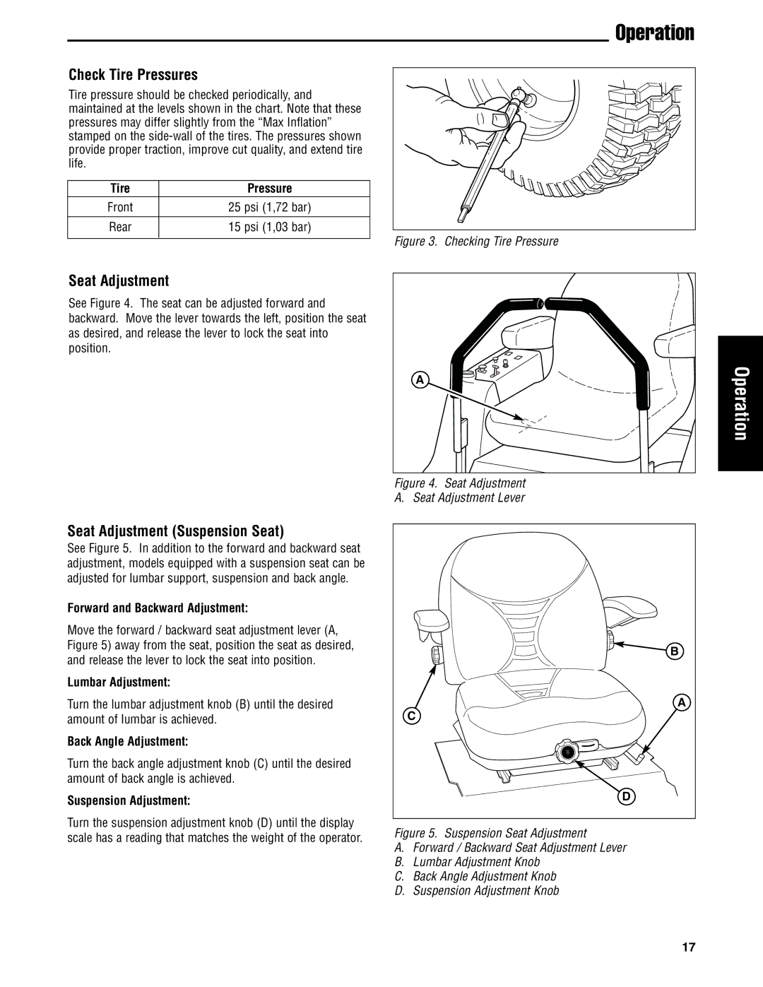 Snapper S200XKAV2561, S200XKAV2761, S200XBV32, S200X/72 manual Check Tire Pressures, Seat Adjustment Suspension Seat 