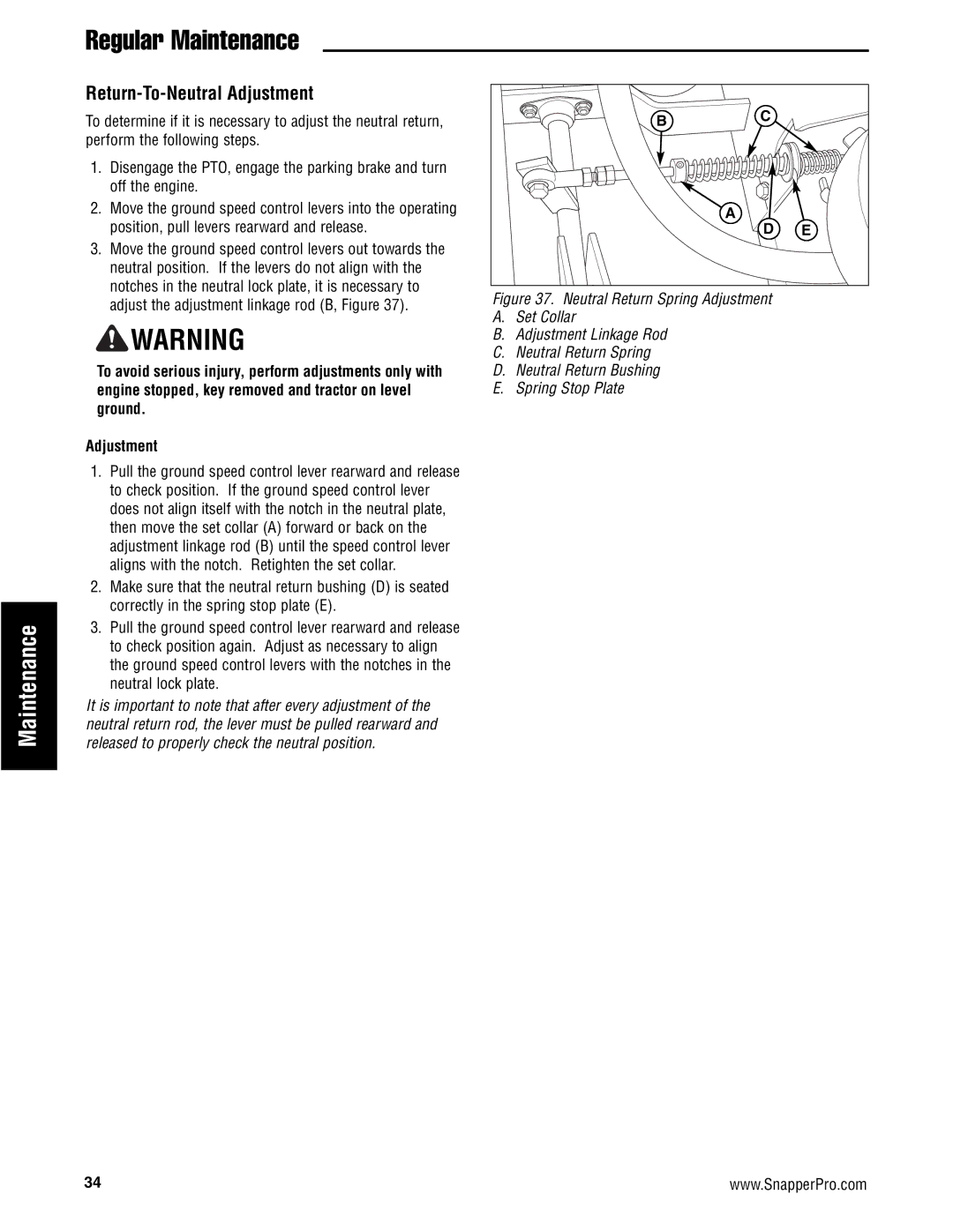 Snapper S200XBV32, S200XKAV2761, S200X/72, S200XKOH2761, S200XKAV2561 manual Return-To-Neutral Adjustment 