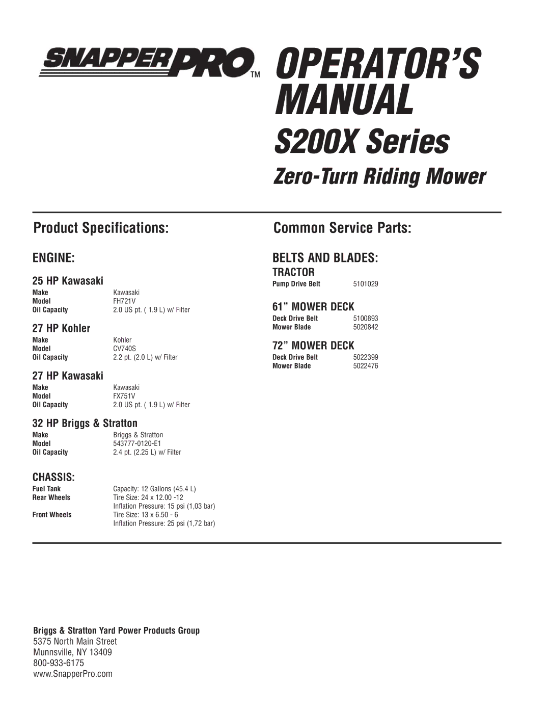 Snapper S200XKAV2561, S200XKAV2761, S200XBV32, S200X/72, S200XKOH2761 manual Tractor, Mower Deck, Chassis 