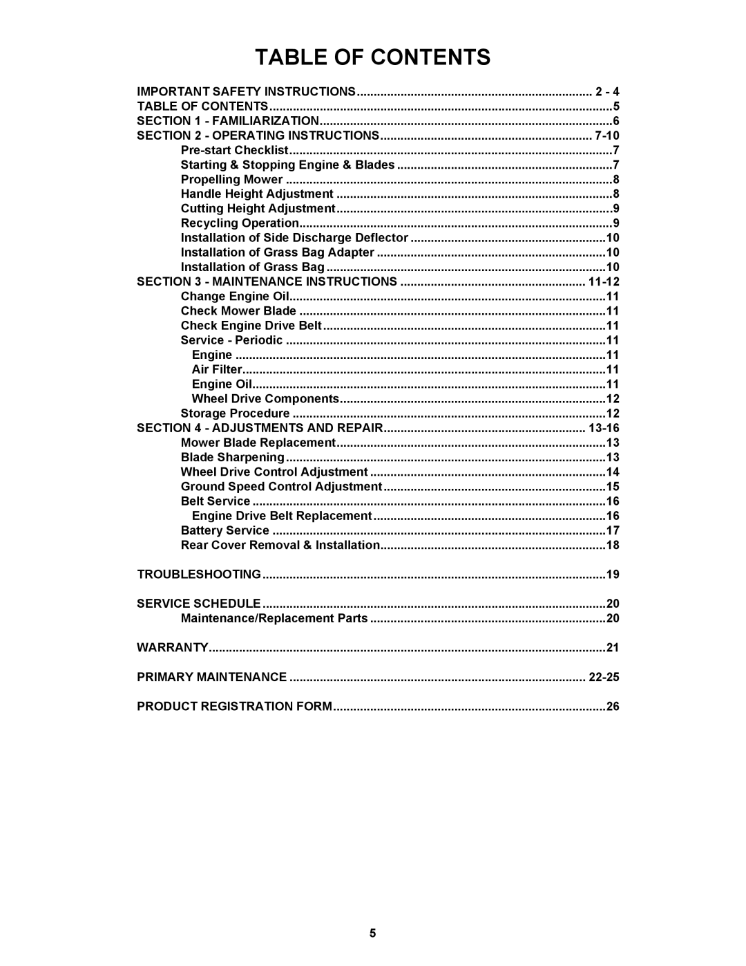 Snapper S21, SP21, SPV21, SPV21S, SPV21E important safety instructions Table of Contents 