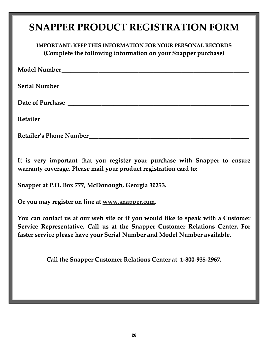 Snapper S21, SP21, SPV21, SPV21S, SPV21E important safety instructions Snapper Product Registration Form 
