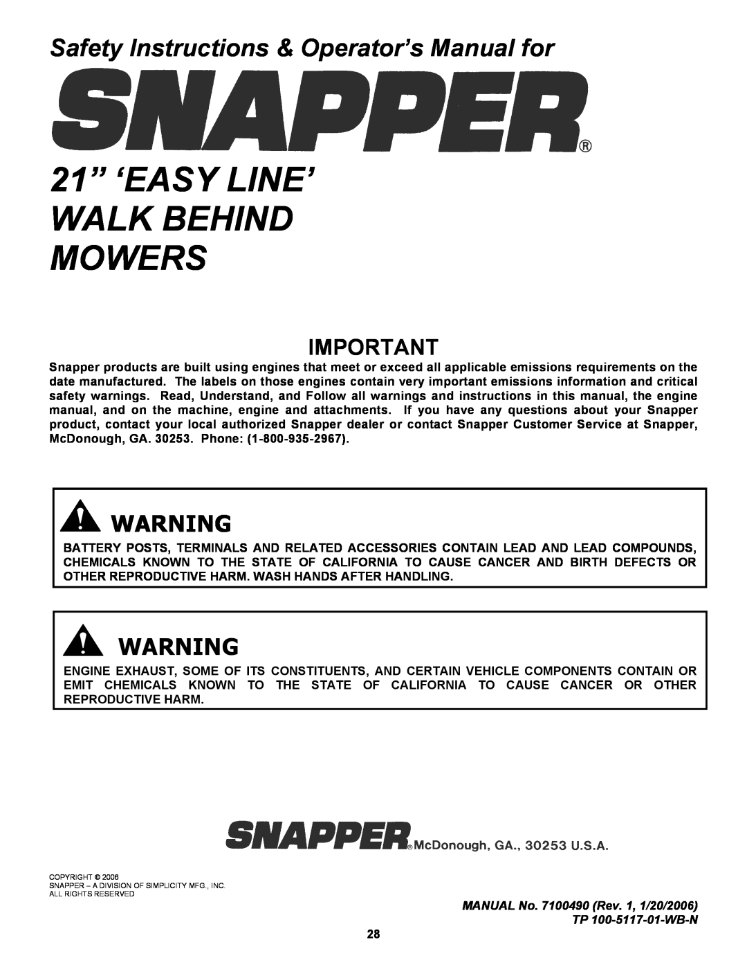 Snapper S21, SP21, SPV21, SPV21S, SPV21E 21” ‘EASY LINE’ WALK BEHIND MOWERS, Safety Instructions & Operator’s Manual for 