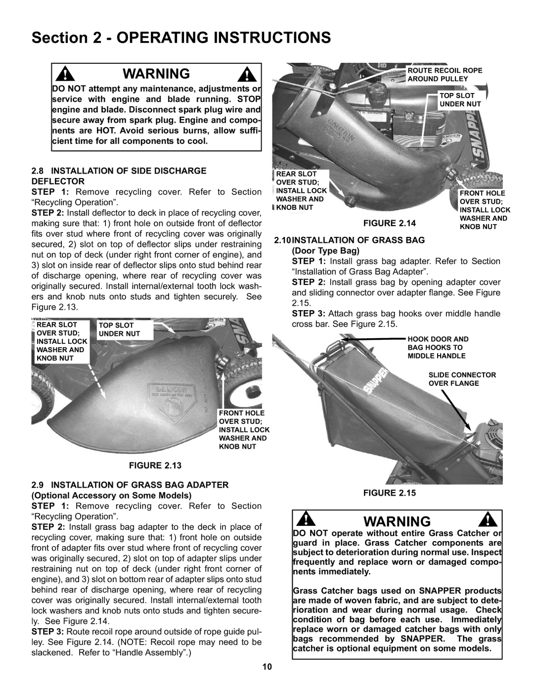 Snapper S211, SP211, SPV211, SPV211S, SPV211E important safety instructions Installation of Side Discharge Deflector 