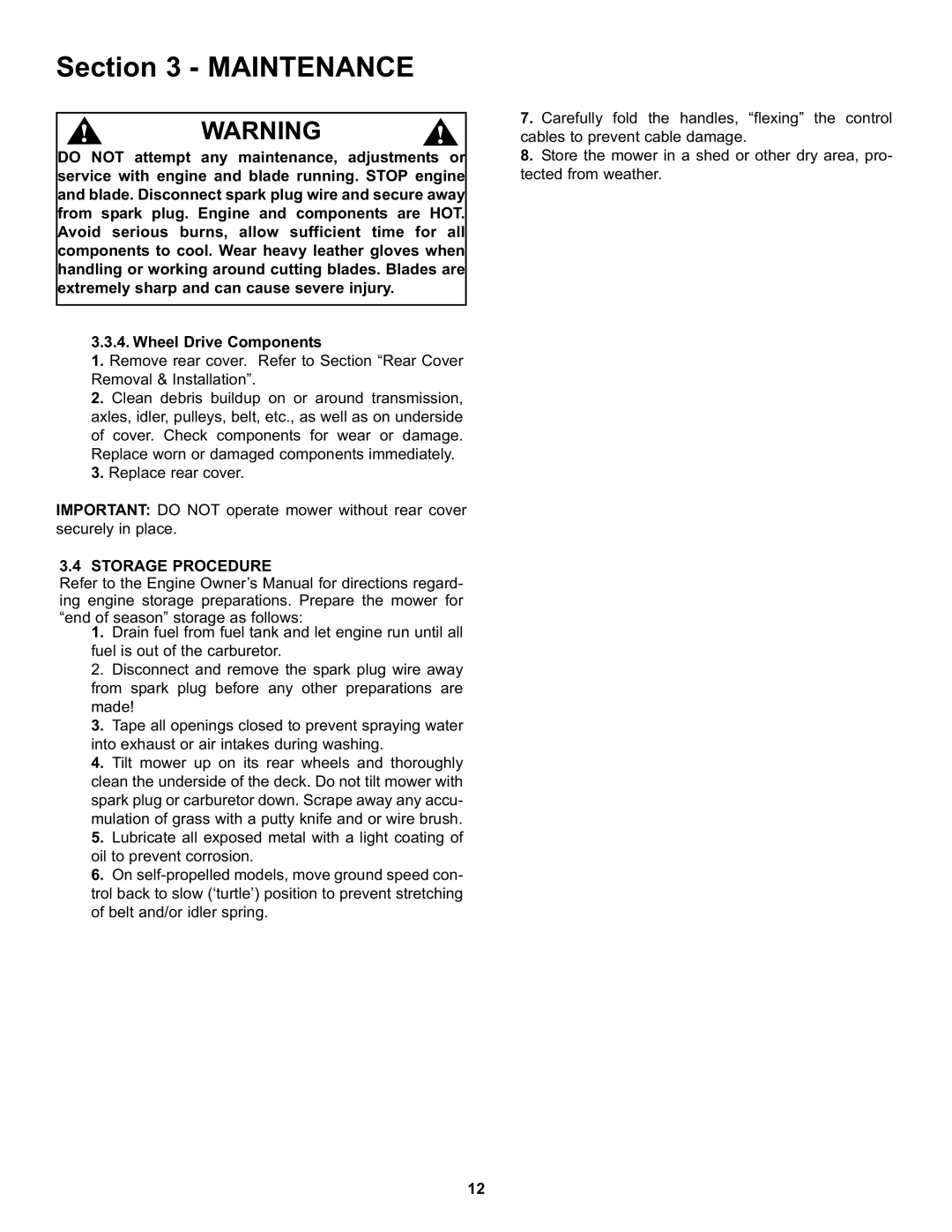 Snapper S211, SP211, SPV211, SPV211S, SPV211E important safety instructions Storage Procedure 