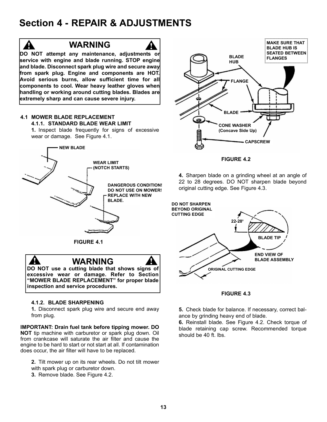 Snapper S211, SP211, SPV211, SPV211S, SPV211E important safety instructions Repair & Adjustments, Blade Sharpening 