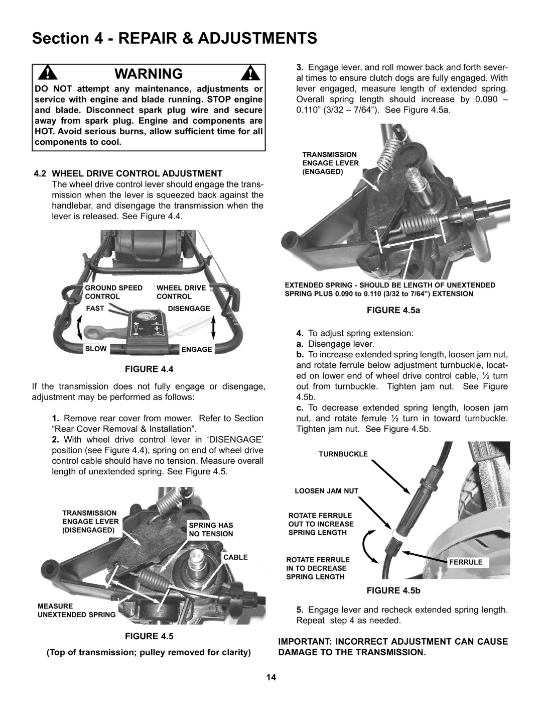 Snapper S211, SP211, SPV211, SPV211S, SPV211E important safety instructions Wheel Drive Control Adjustment 