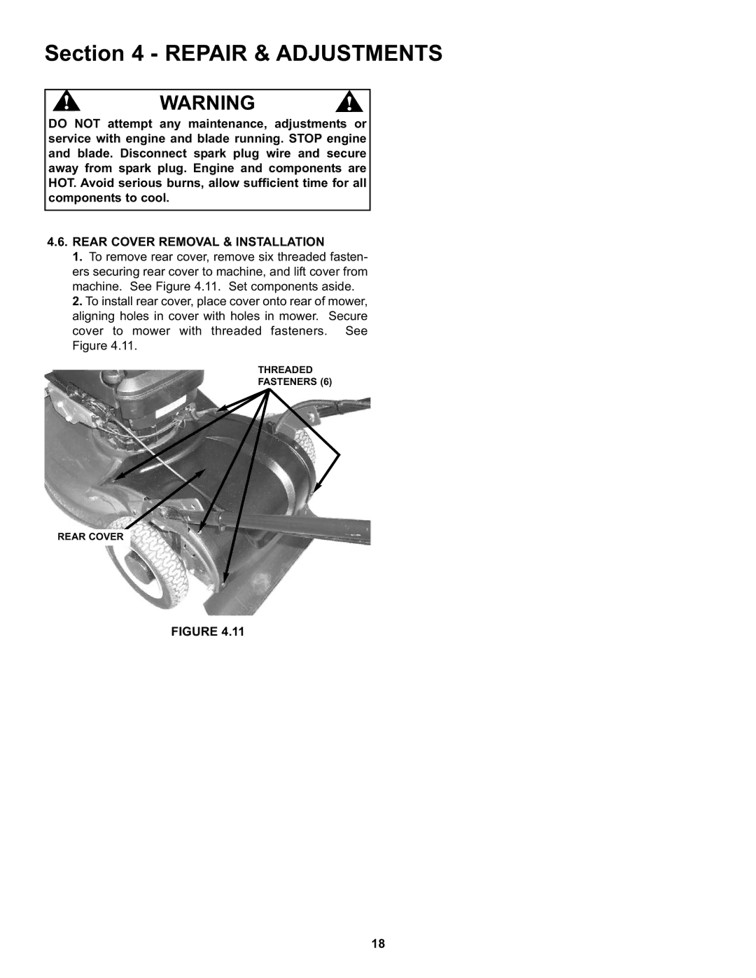 Snapper S211, SP211, SPV211, SPV211S, SPV211E important safety instructions Rear Cover Removal & Installation 