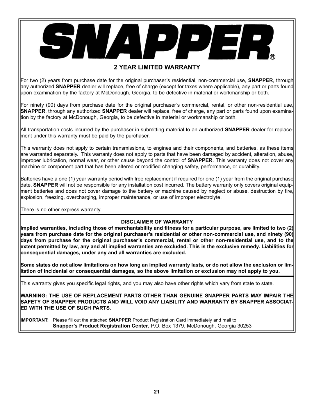 Snapper S211, SP211, SPV211, SPV211S, SPV211E important safety instructions Year Limited Warranty, Disclaimer of Warranty 