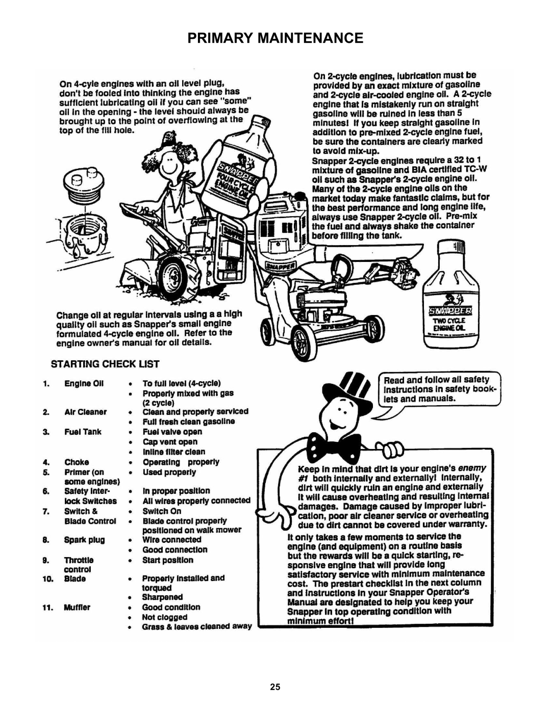 Snapper S211, SP211, SPV211, SPV211S, SPV211E important safety instructions Primary Maintenance 