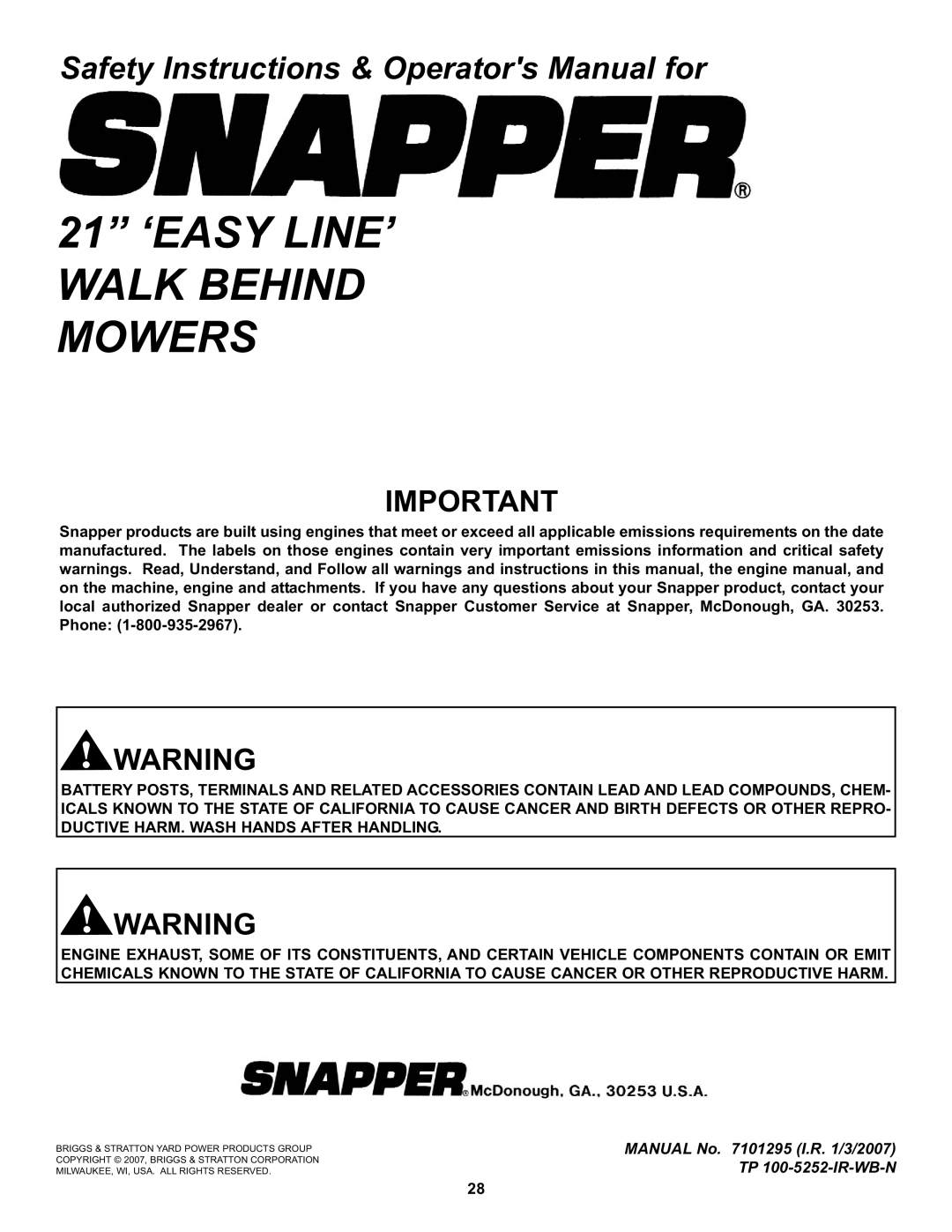 Snapper S211, SP211, SPV211, SPV211S, SPV211E important safety instructions 21 ‘EASY LINE’ Walk Behind Mowers 