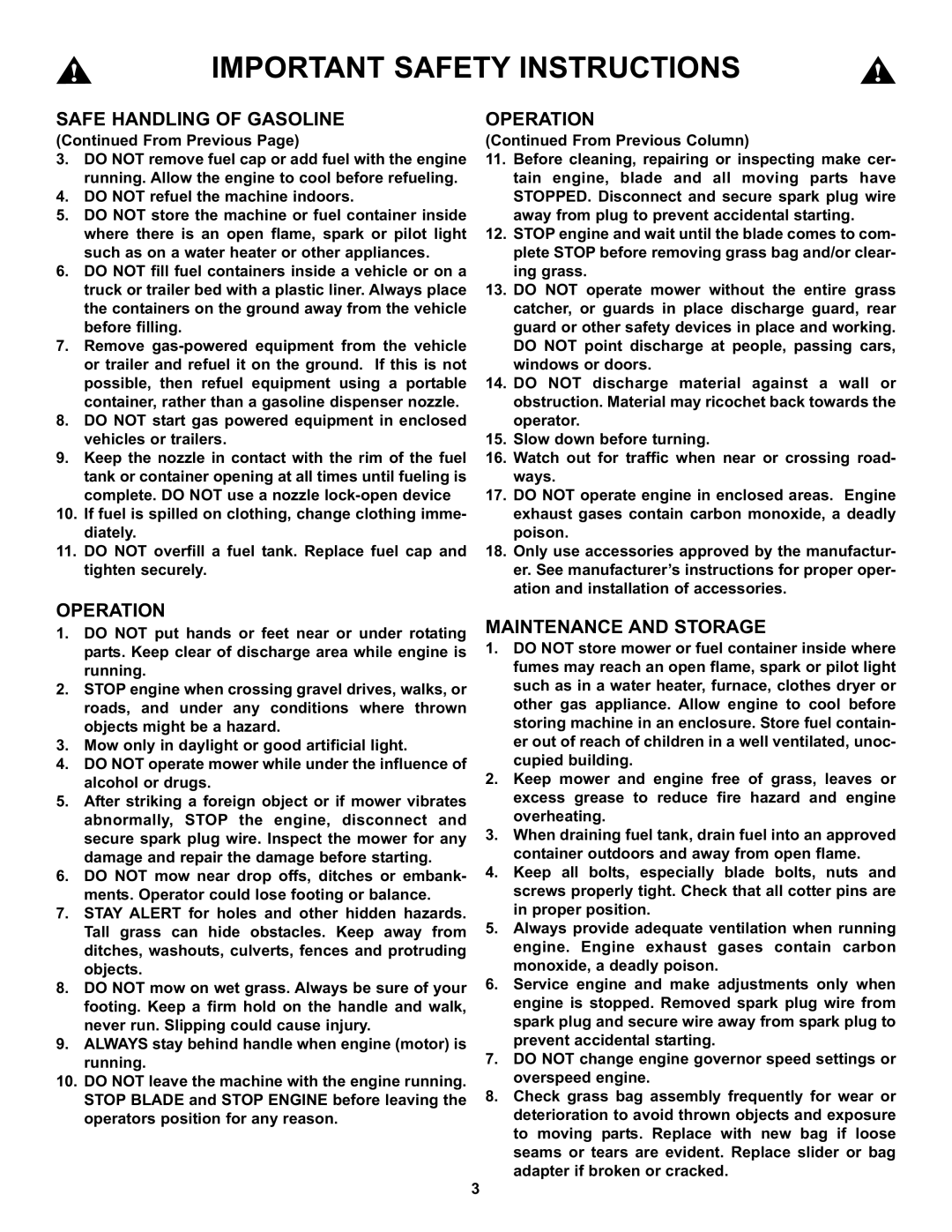 Snapper S211, SP211, SPV211, SPV211S, SPV211E important safety instructions Operation, From Previous 