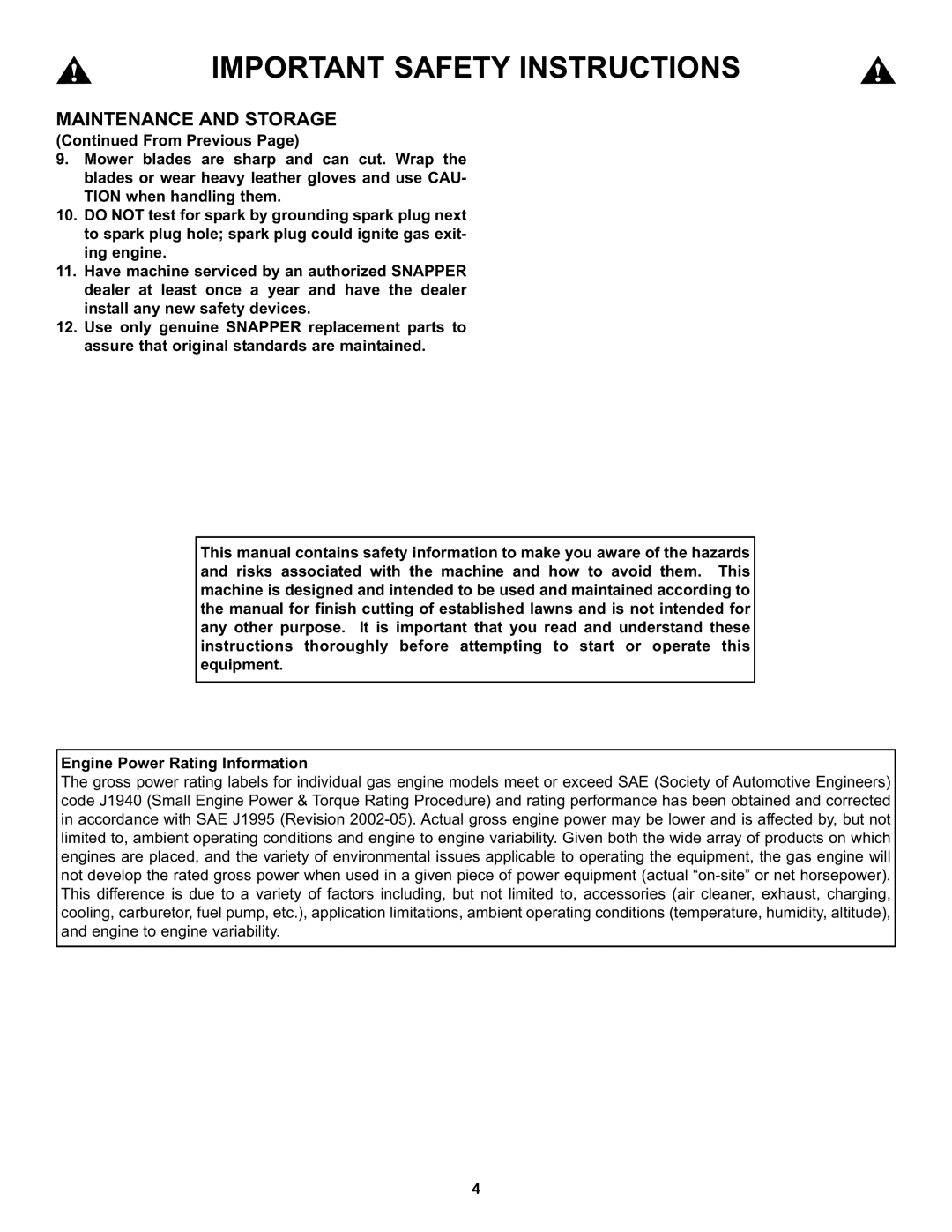 Snapper S211, SP211, SPV211, SPV211S, SPV211E important safety instructions Important Safety Instructions 