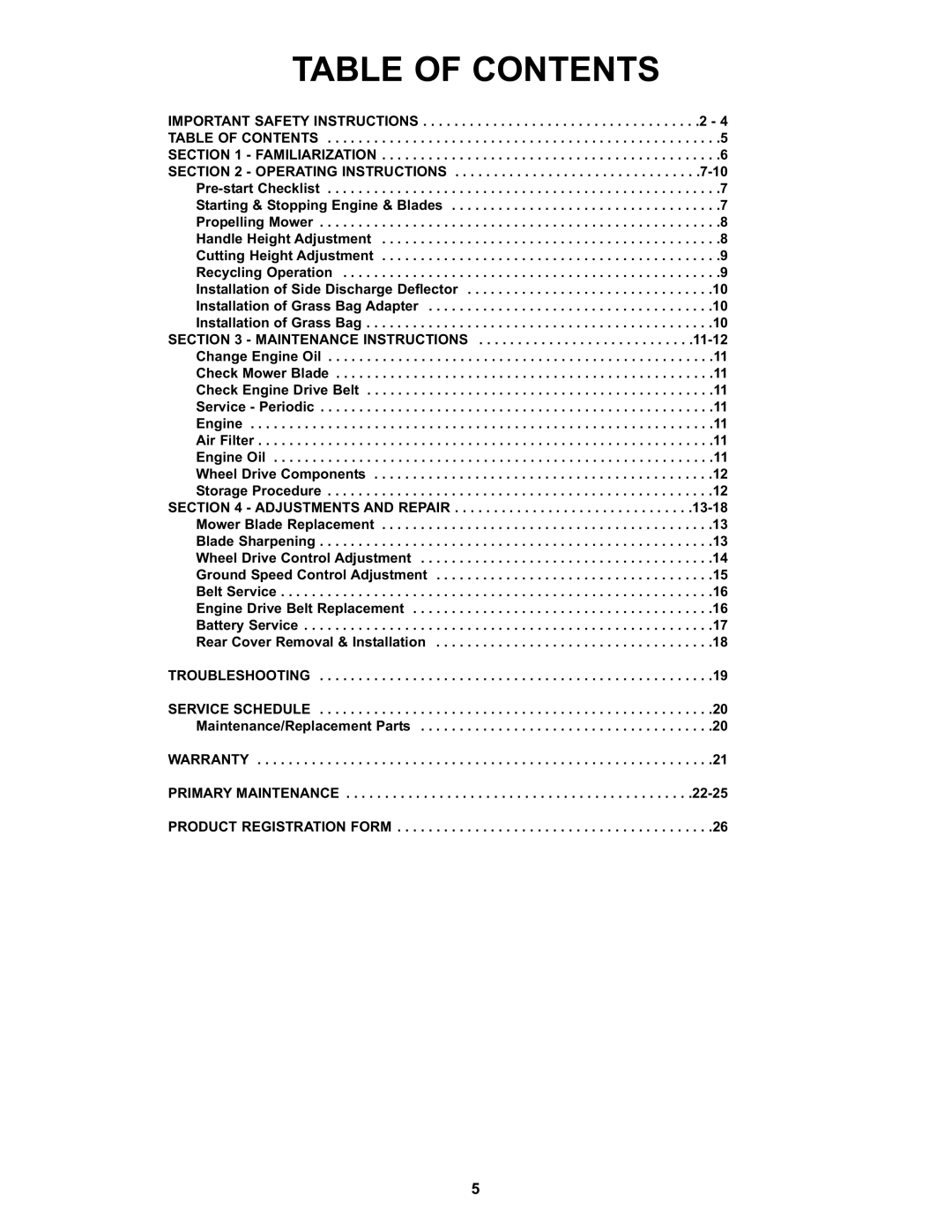 Snapper S211, SP211, SPV211, SPV211S, SPV211E important safety instructions Table of Contents 