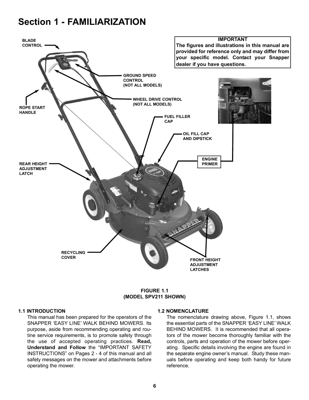 Snapper S211, SP211, SPV211, SPV211S, SPV211E Familiarization, Model SPV211 Shown Introduction, Nomenclature 