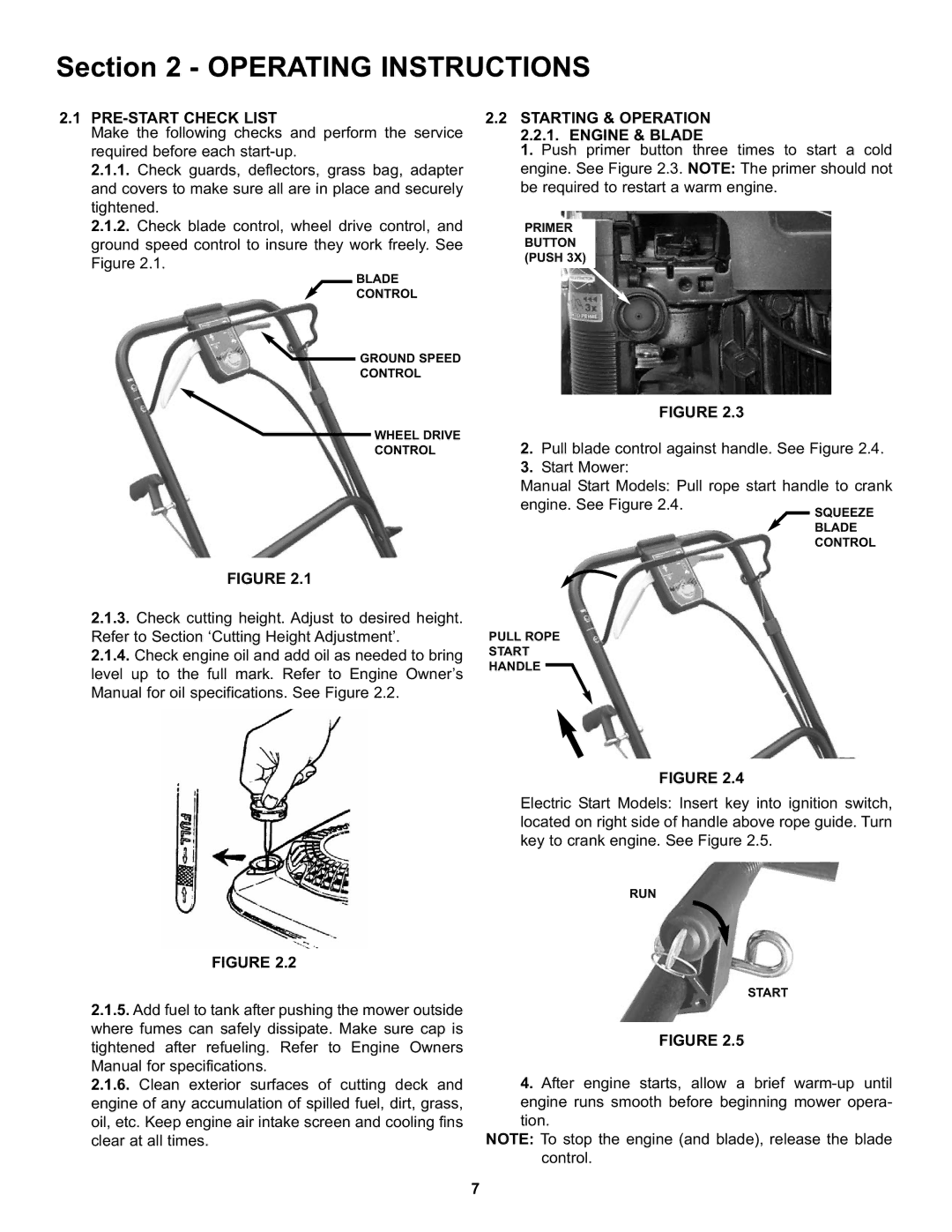 Snapper S211, SP211, SPV211, SPV211S, SPV211E important safety instructions Operating Instructions, PRE-START Check List 