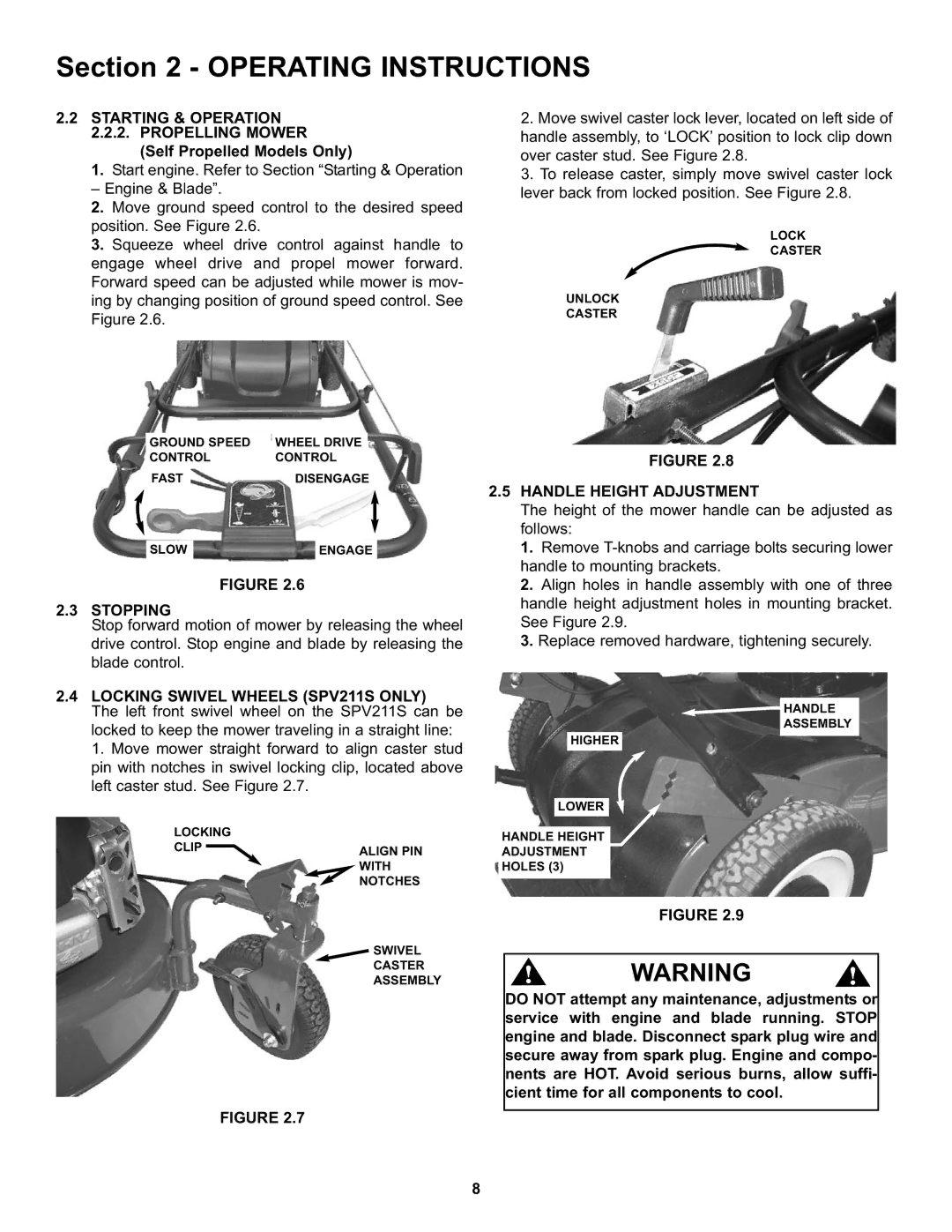 Snapper S211, SP211, SPV211, SPV211S, SPV211E Starting & Operation Propelling Mower, Self Propelled Models Only, Stopping 