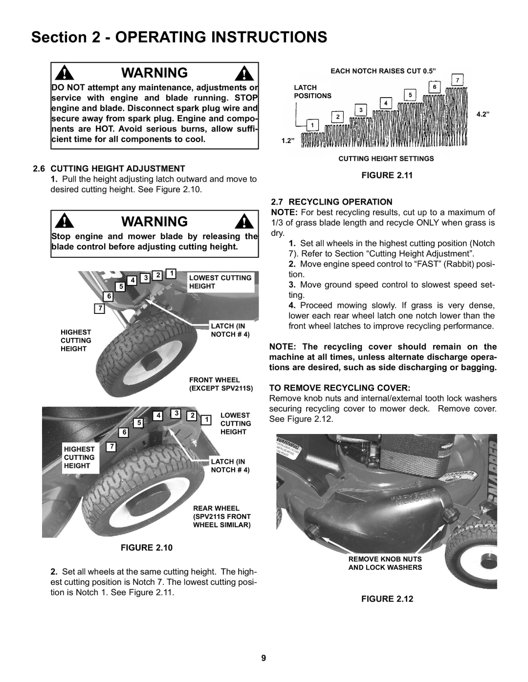 Snapper S211, SP211, SPV211, SPV211S, SPV211E Cutting Height Adjustment, Recycling Operation, To Remove Recycling Cover 