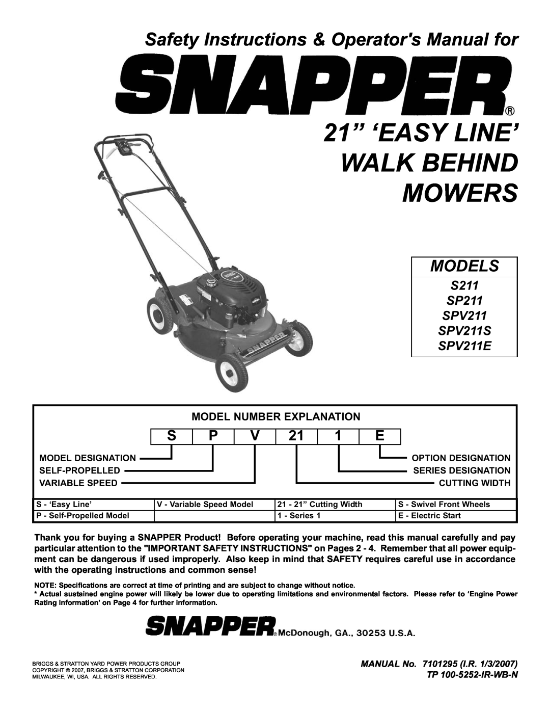 Snapper S211, SP211, SPV211, SPV211S, SPV211E important safety instructions 21” ‘EASY LINE’ WALK BEHIND MOWERS, Models 