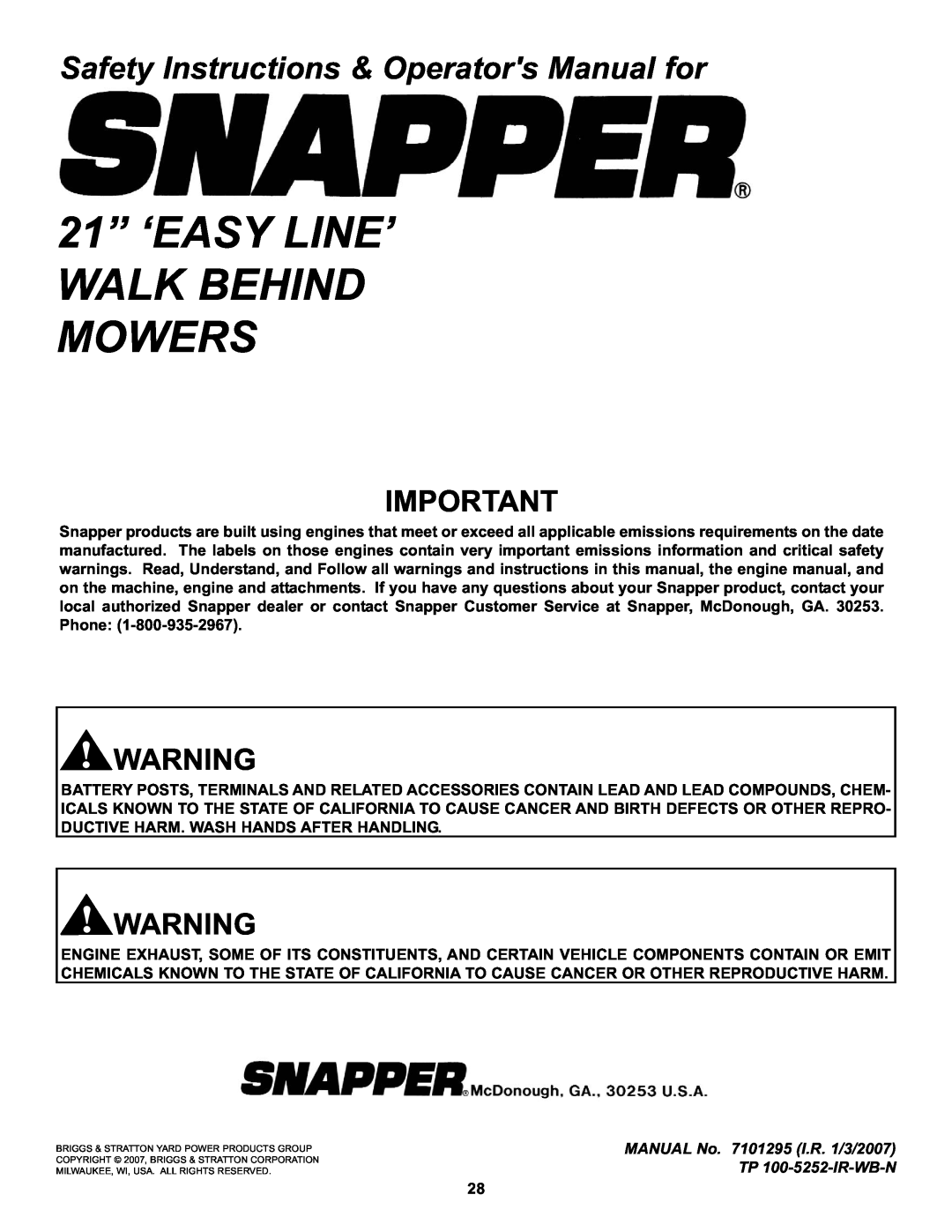Snapper S211, SP211, SPV211, SPV211S, SPV211E important safety instructions 21” ‘EASY LINE’ WALK BEHIND MOWERS 