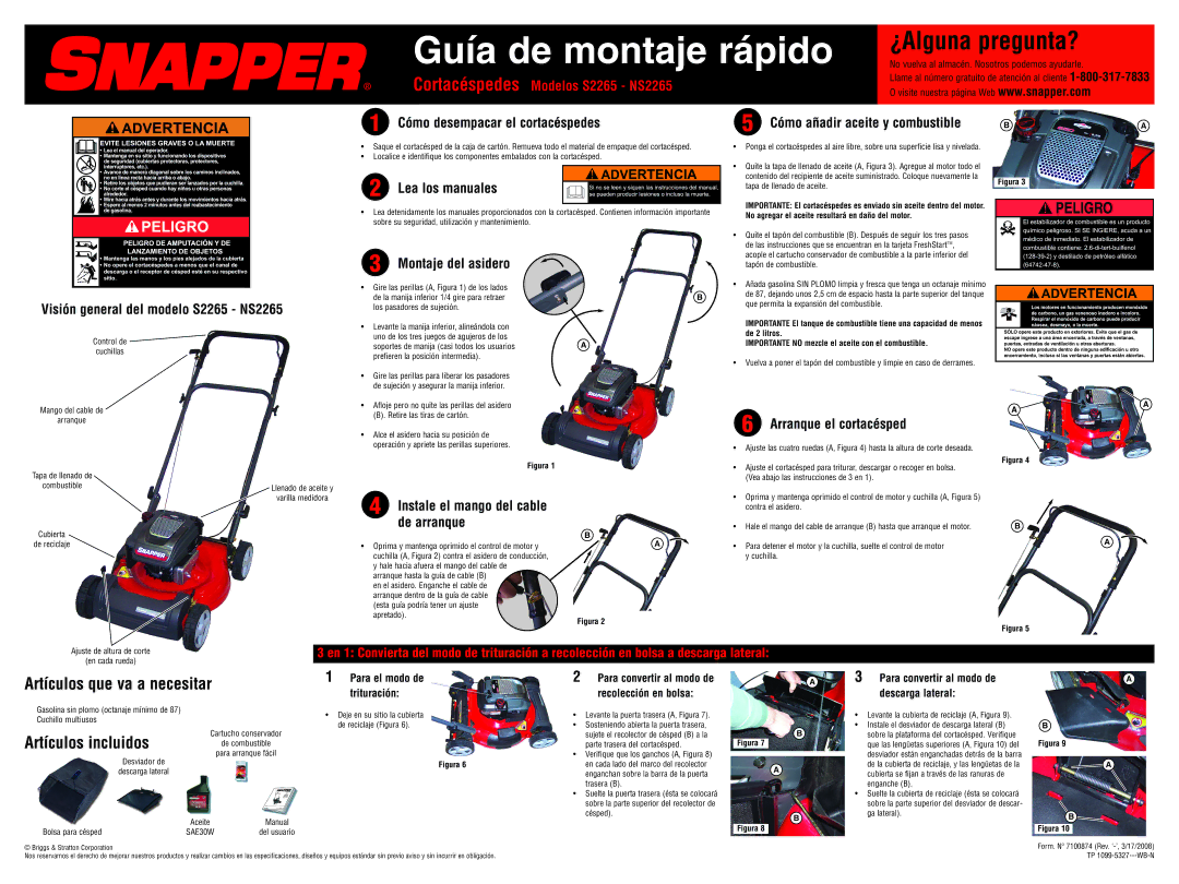 Snapper Visión general del modelo S2265 NS2265, Cómo desempacar el cortacéspedes, Lea los manuales, Montaje del asidero 