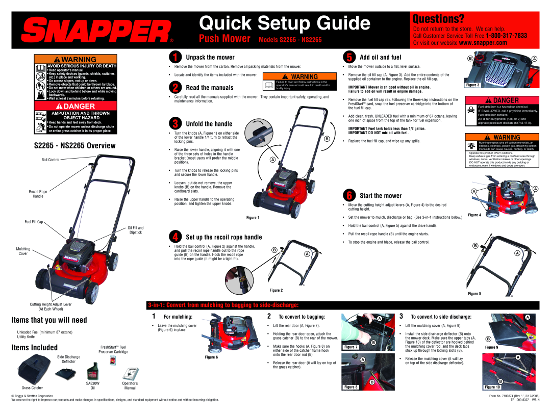 Snapper setup guide Questions?, Items that you will need, Items Included, Push Mower Models S2265 - NS2265, Danger 