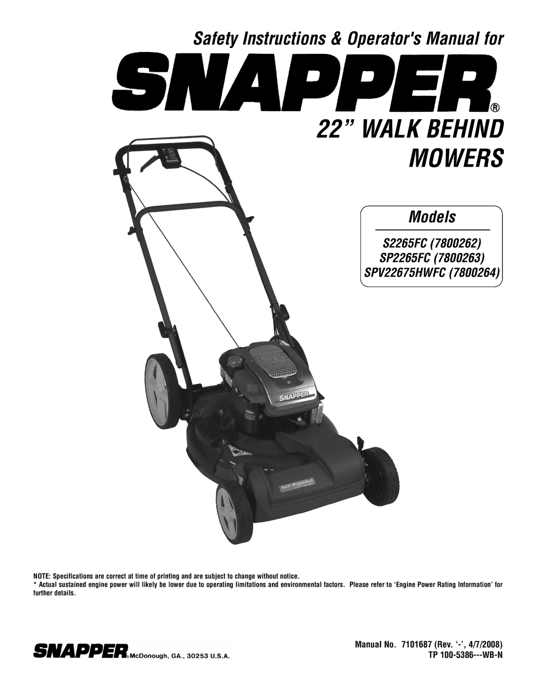 Snapper S2265FC, SP2265FC, SPV22675HWFC specifications Walk Behind Mowers 