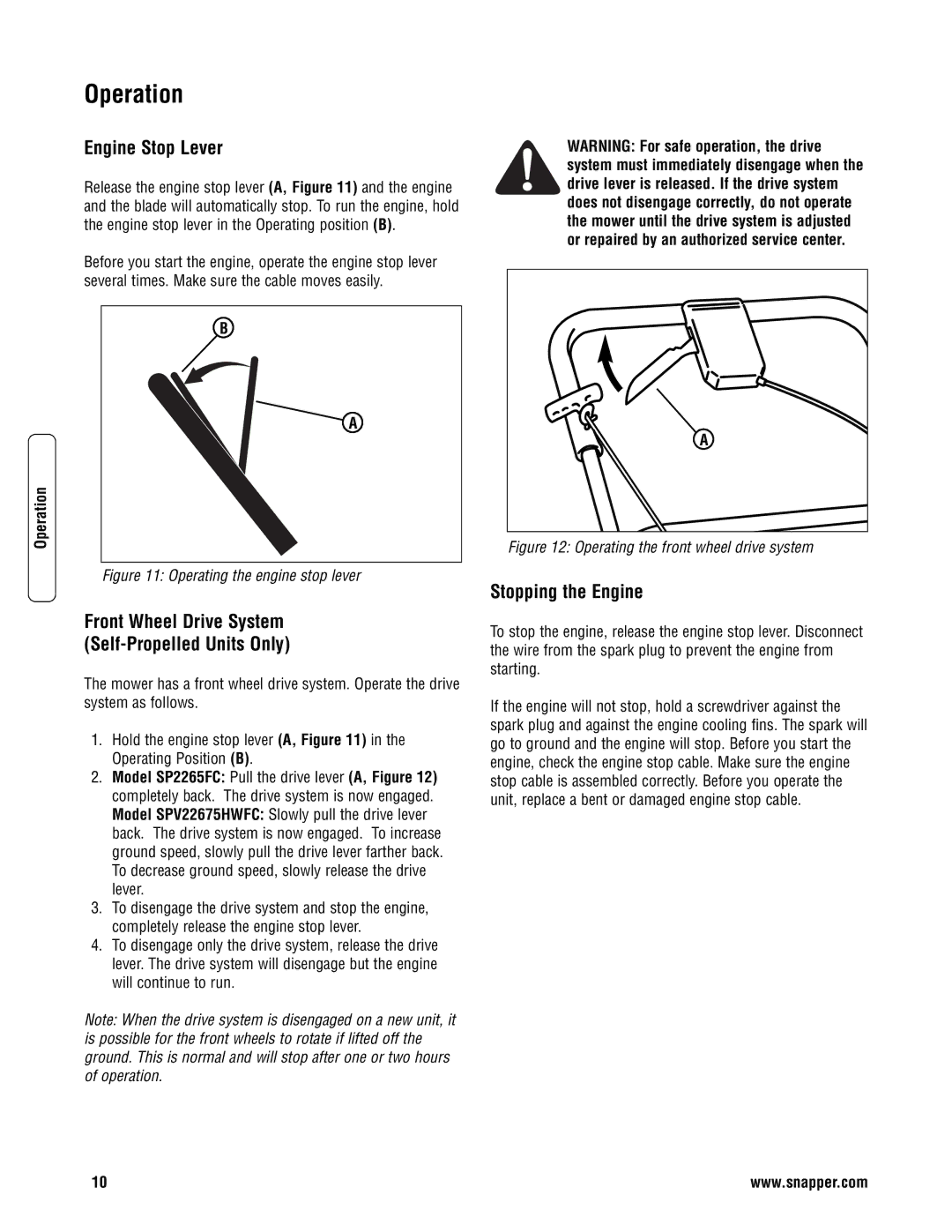 Snapper S2265FC, SP2265FC, SPV22675HWFC Operation, Engine Stop Lever, Front Wheel Drive System Self-Propelled Units Only 