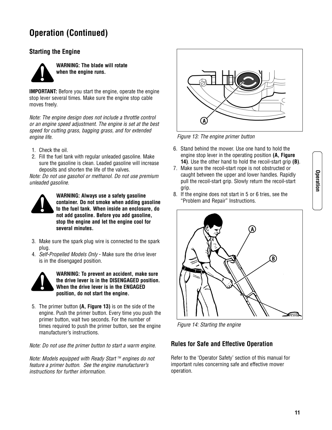 Snapper S2265FC, SP2265FC, SPV22675HWFC specifications Starting the Engine, Rules for Safe and Effective Operation 