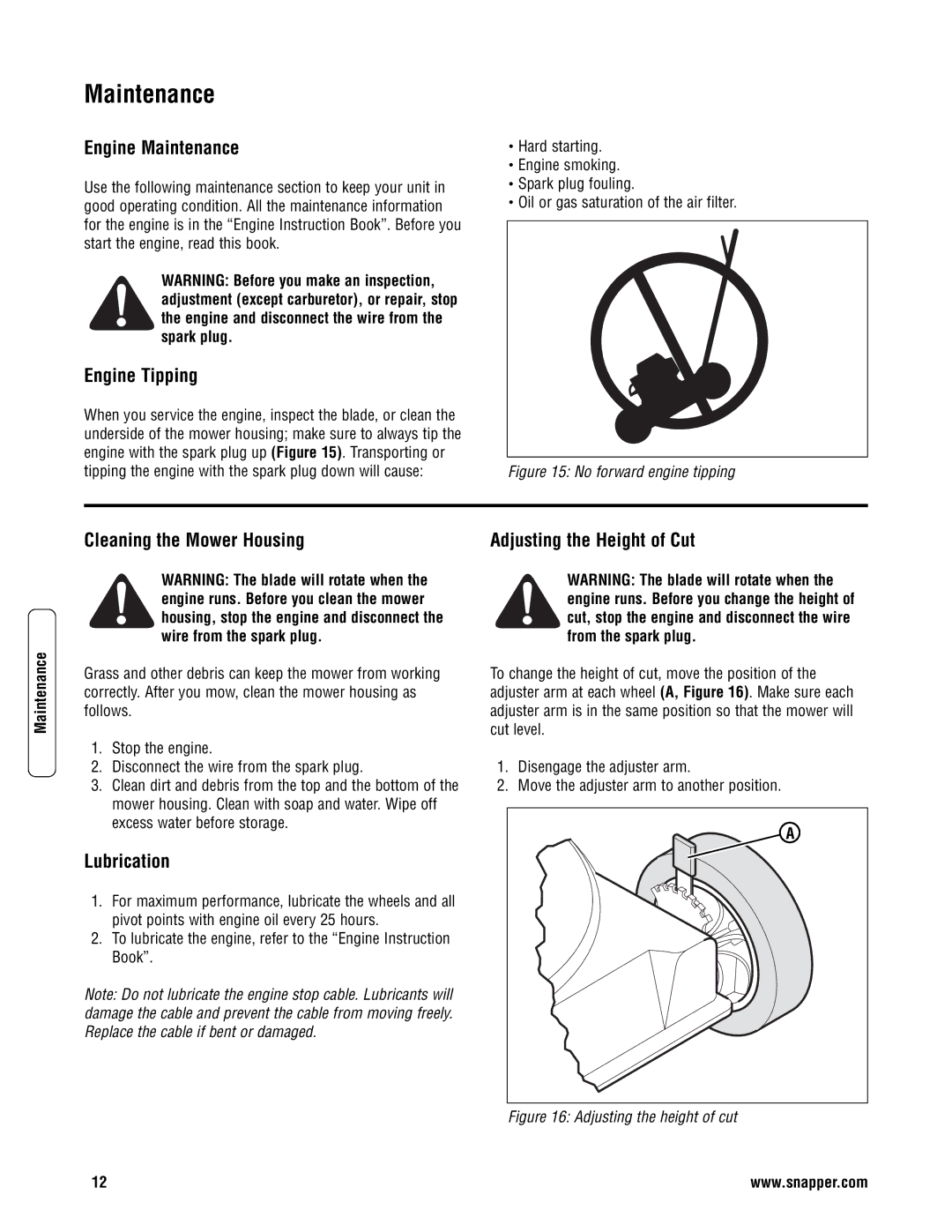 Snapper S2265FC, SP2265FC, SPV22675HWFC Engine Maintenance, Engine Tipping, Cleaning the Mower Housing, Lubrication 