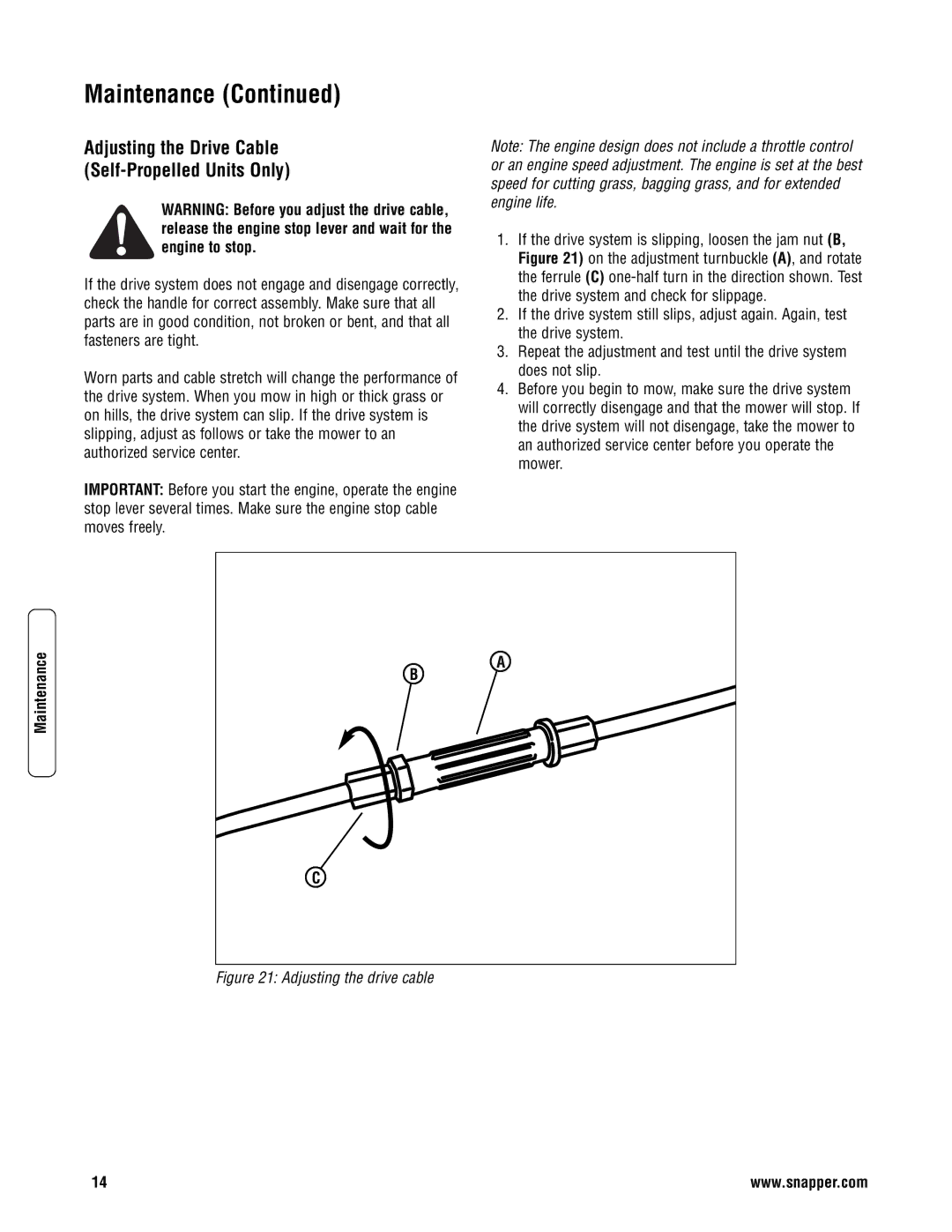 Snapper S2265FC, SP2265FC, SPV22675HWFC Adjusting the Drive Cable Self-Propelled Units Only, Adjusting the drive cable 