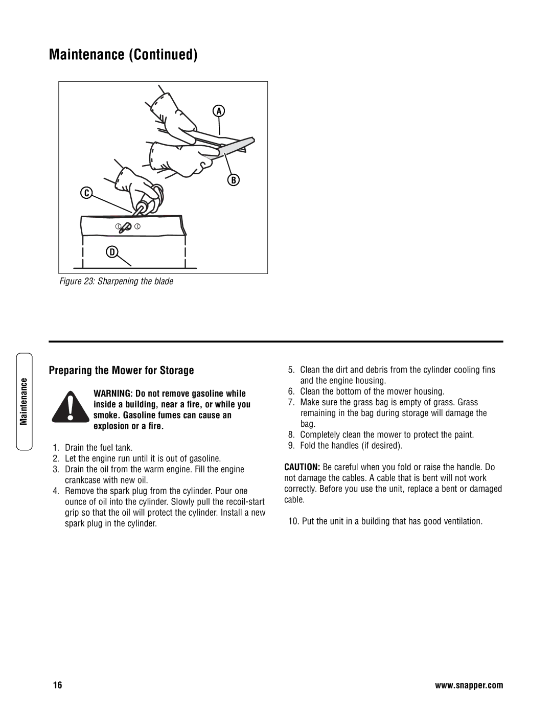 Snapper S2265FC, SP2265FC, SPV22675HWFC specifications Preparing the Mower for Storage, Sharpening the blade 