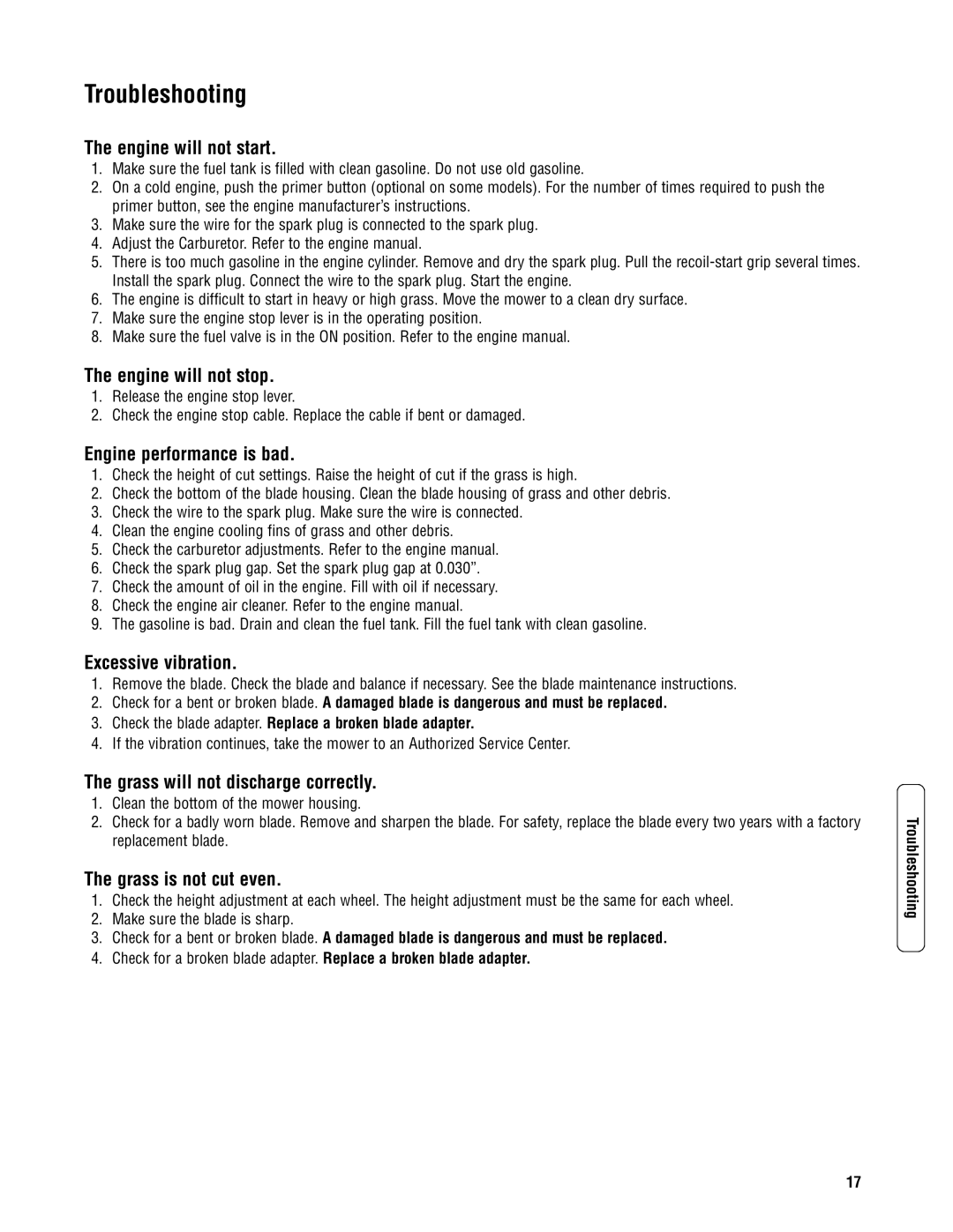 Snapper S2265FC, SP2265FC, SPV22675HWFC specifications Troubleshooting 