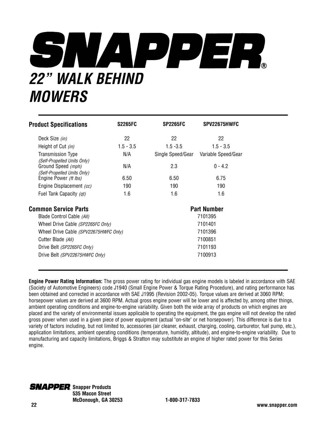 Snapper S2265FC, SP2265FC, SPV22675HWFC specifications Walk Behind Mowers, Common Service Parts 