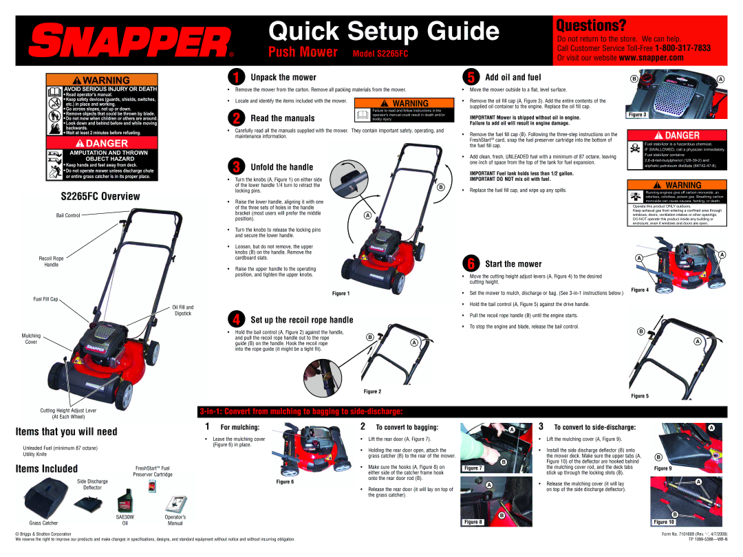 Snapper S2265FC setup guide Unpack the mower Add oil and fuel, Read the manuals, Unfold the handle, Start the mower 