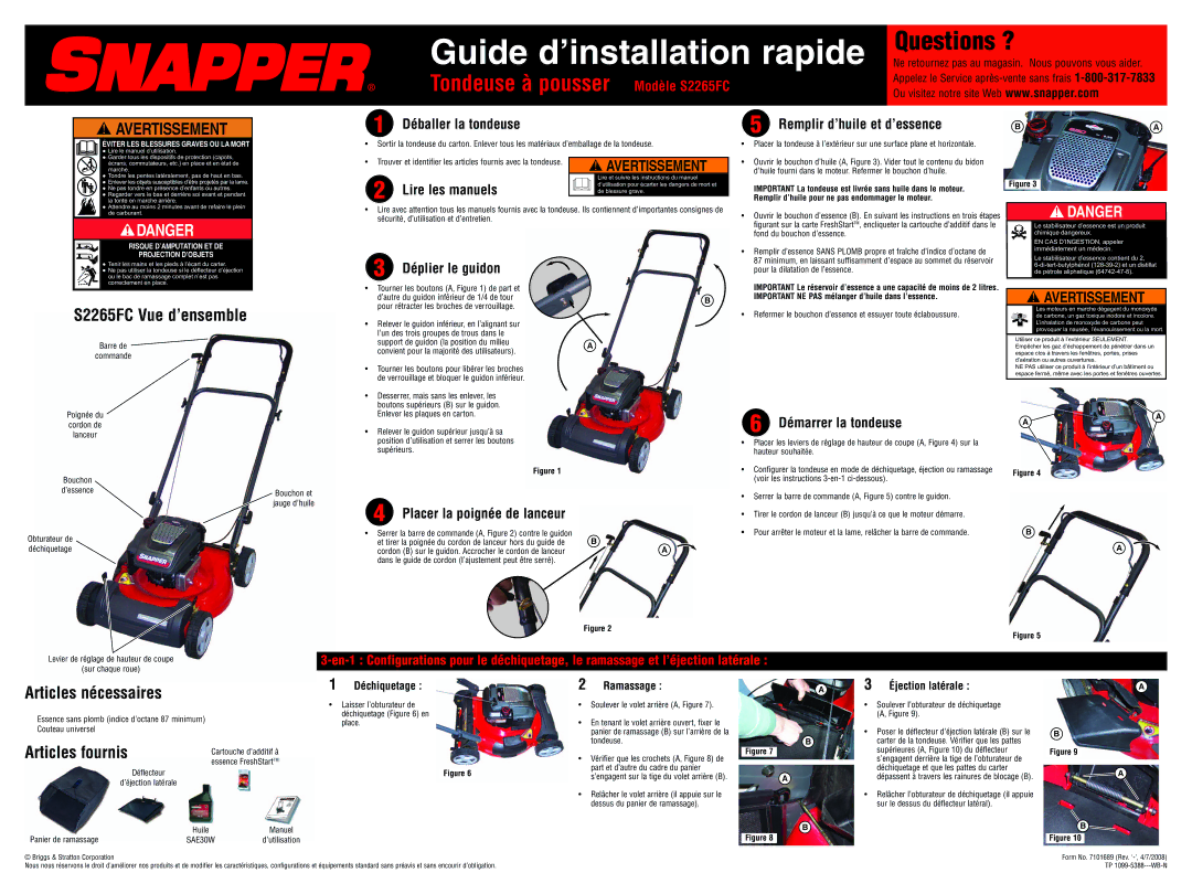 Snapper S2265FC setup guide Déballer la tondeuse, Remplir d’huile et d’essence, Déplier le guidon, Démarrer la tondeuse 